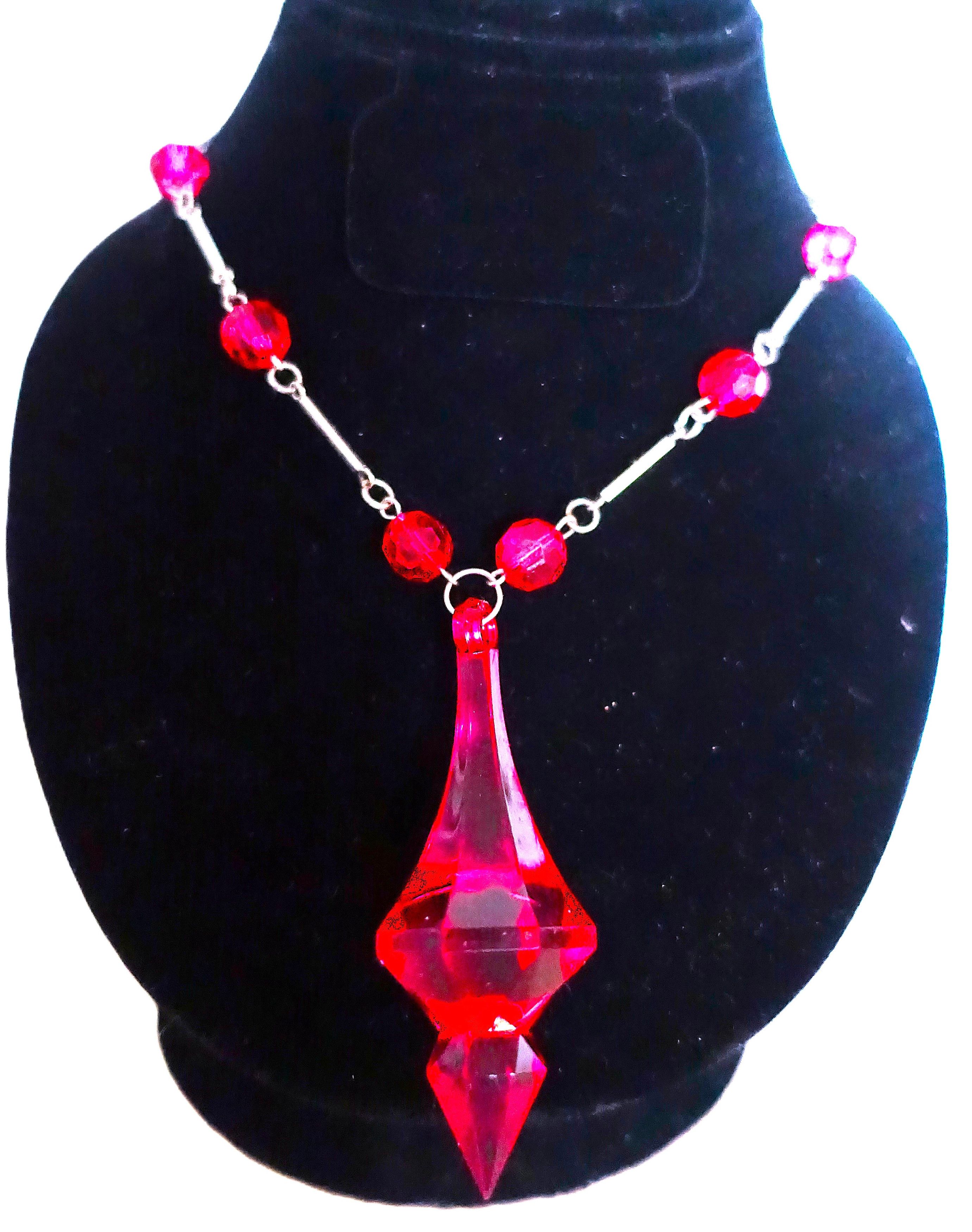 Vintage Silver Tone Fuchsia Drop Beaded Necklace Size ONE SIZE - 1 Thumbnail