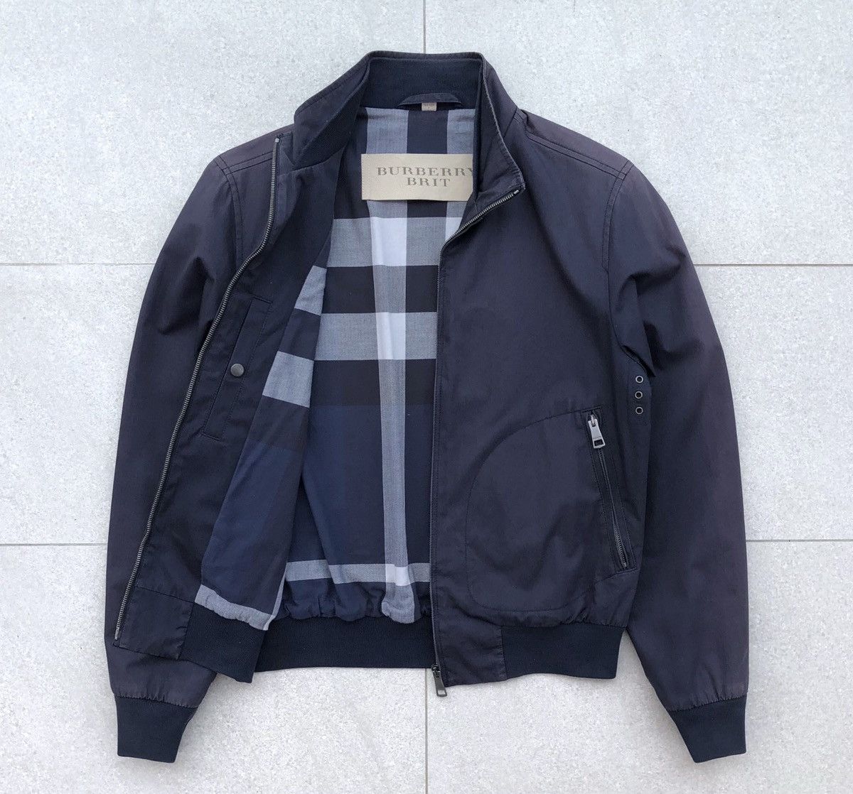 image of Burberry Brit Faded Lined Novacheck Bomber Jacket in Faded Blue, Men's (Size Small)