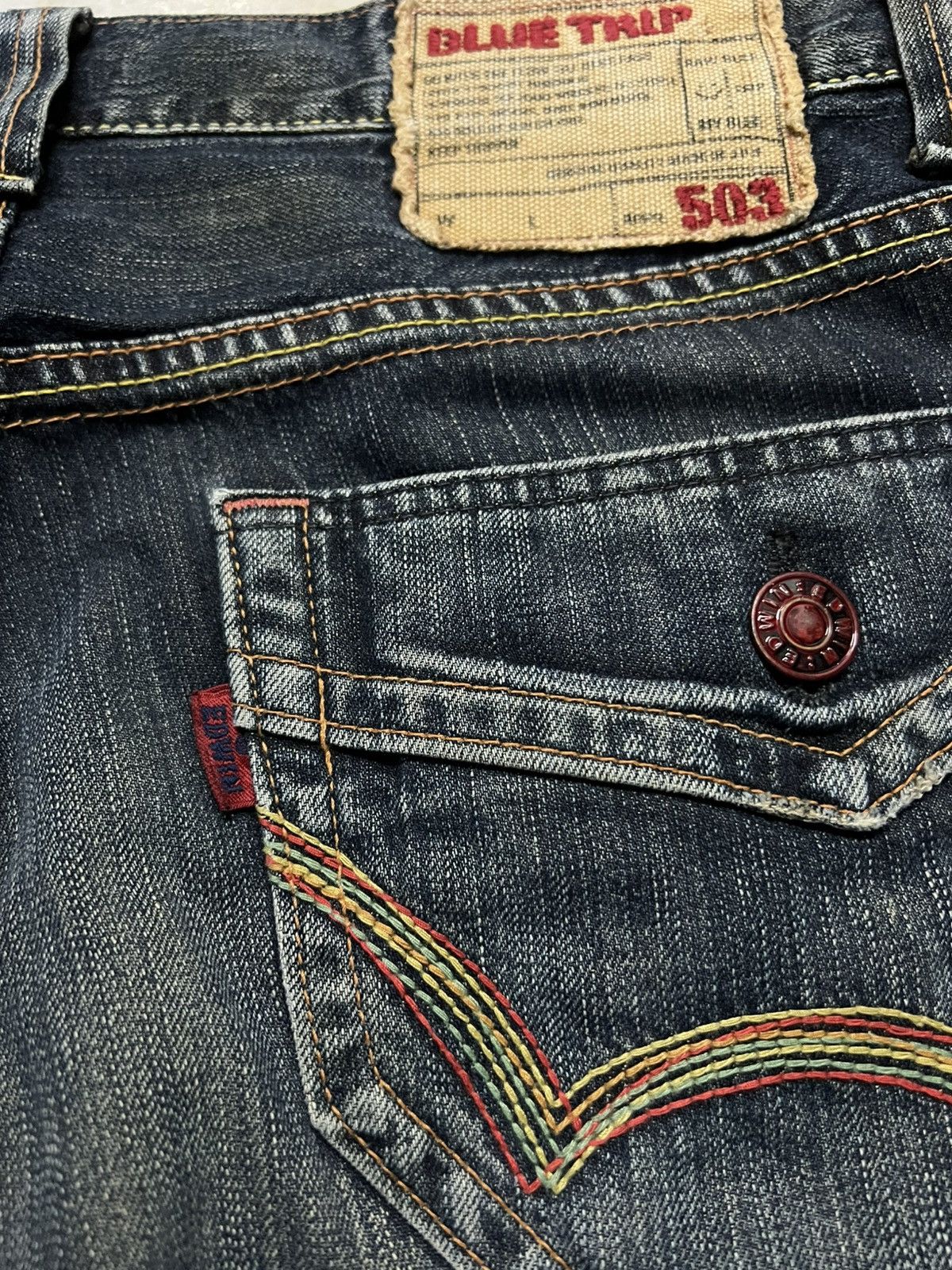 Edwin × Vintage 💥Flare💥Edwin 503 Blue Trip Distress Jean Size US 35 - 20 Thumbnail
