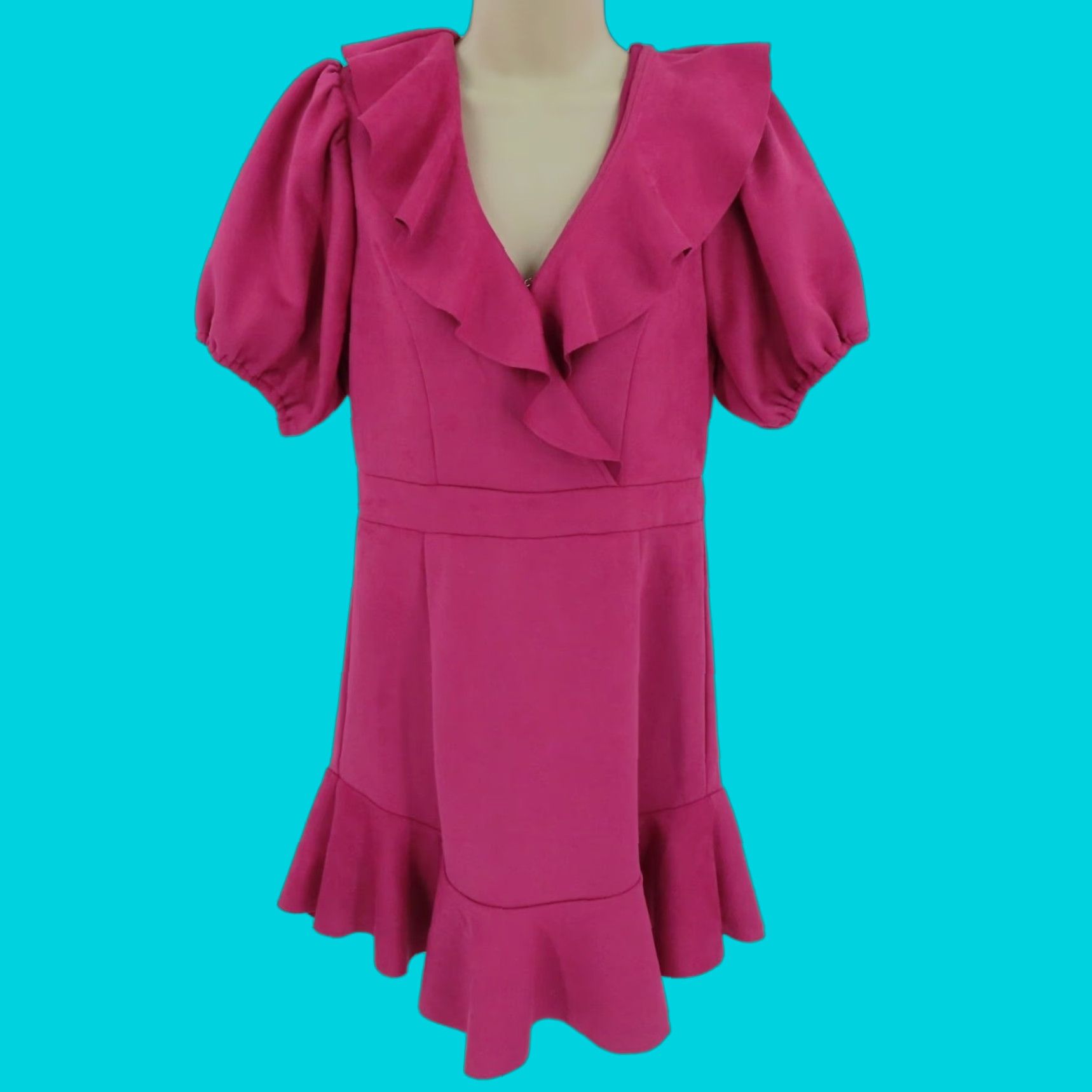 Vintage Fate Womens Large Pink Ruffle V-Neck Short Sleeve Dress Sundress Casual Party/Cocktail NEW No Tags Size 36" / US 14 / IT 50 - 1 Thumbnail