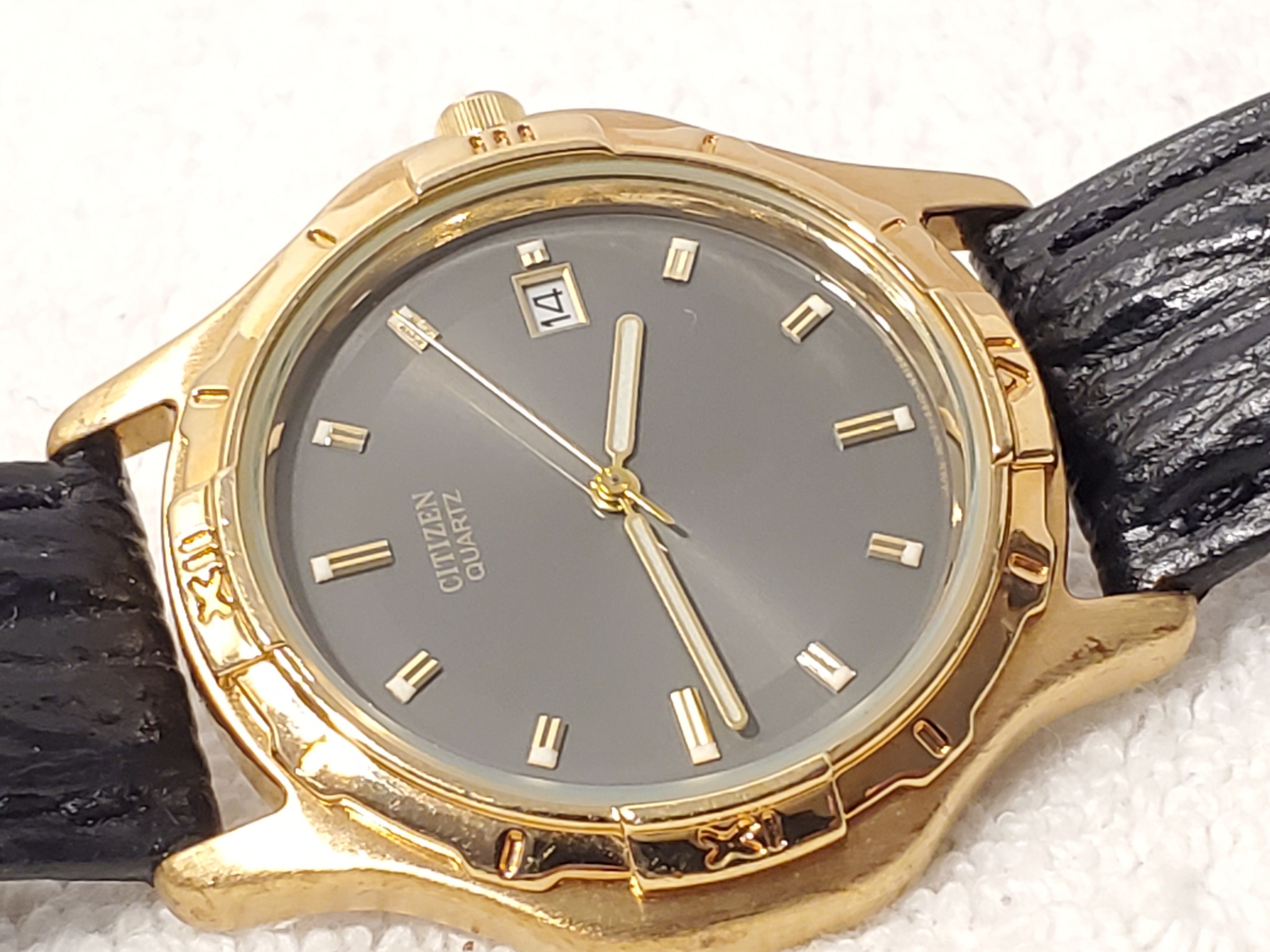 Citizen Vintage Citizen Men's Black Dial Date Watch Leather Strap SS Size 36 - 2 Thumbnail