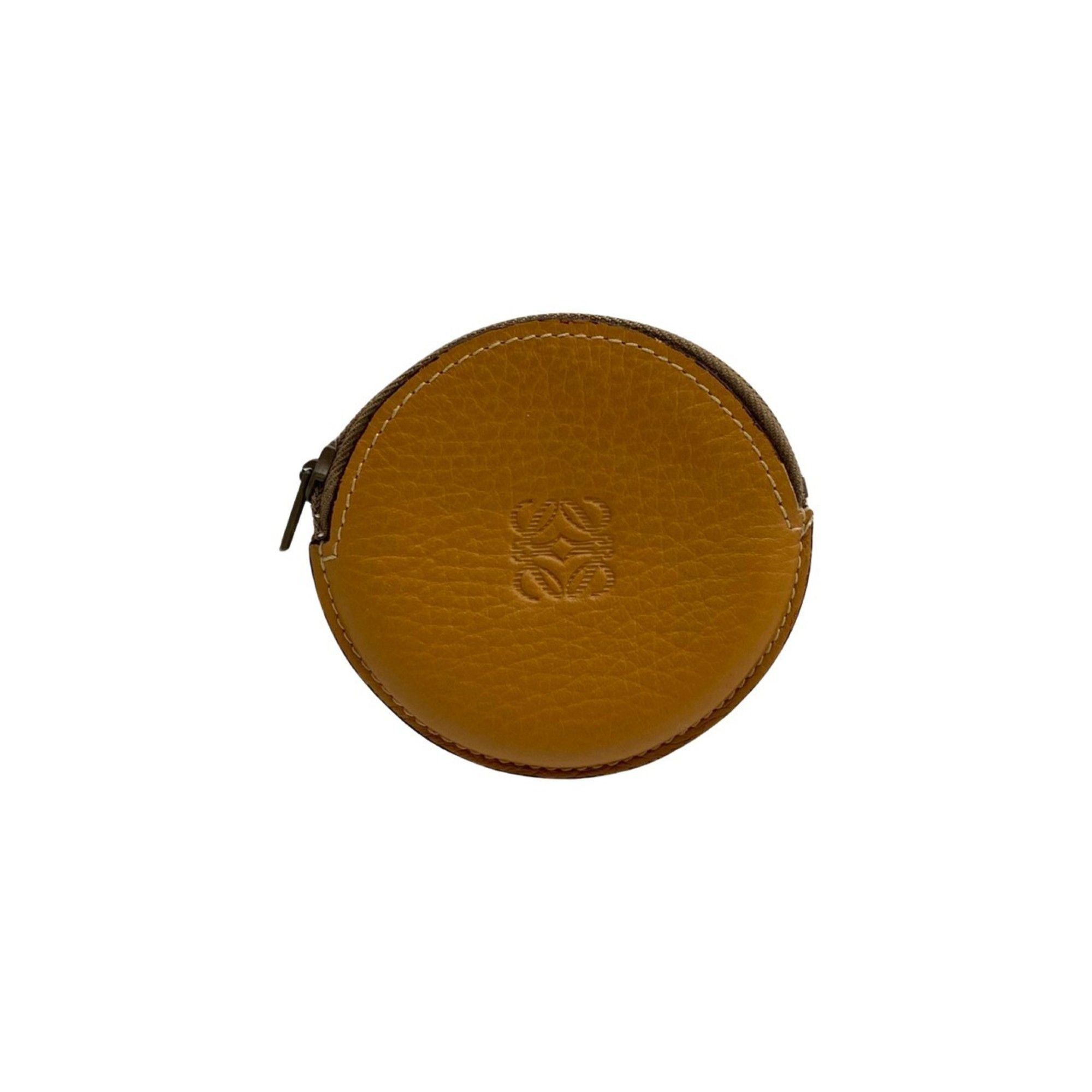 image of Loewe Anagram Logo Embossed Leather Genuine Round Coin Case Purse Mini Wallet Camel in Beige, Women