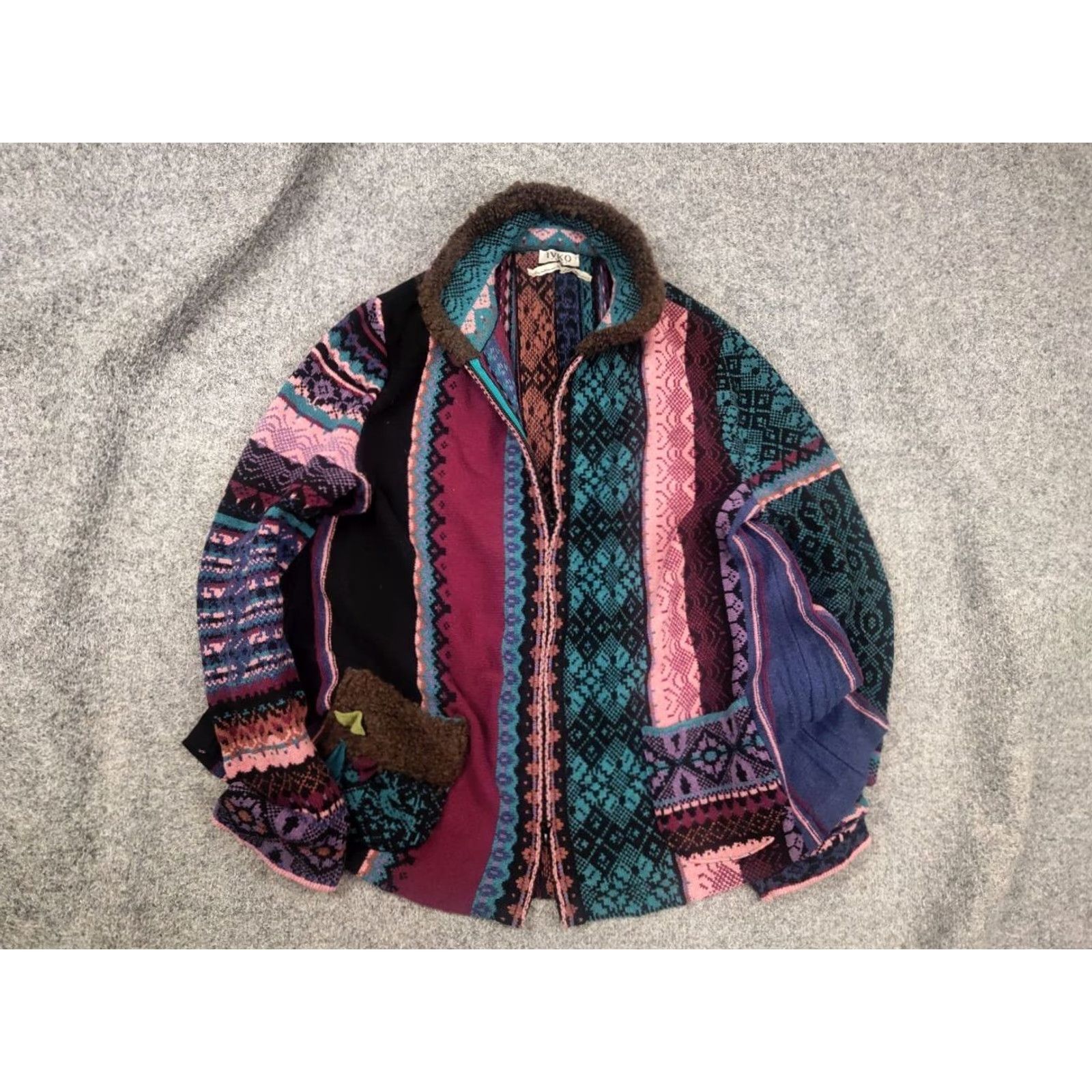 Vintage IVKO Design Knit Jacket Jacquard Zip Black Wool 100% Knit Coat Women XL Vintage No Size XL / US 12-14 / IT 48-50 - 2 Thumbnail