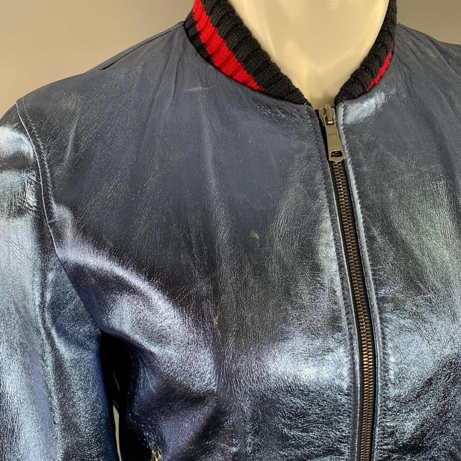 Gucci GUCCI Size 36 Blue Metallic Stripe Leather Bomber Jacket Size L / US 10 / IT 46 - 6 Thumbnail