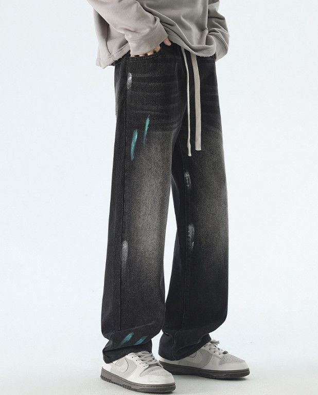 Japanese Brand Men's loose straight ink-splashed versatile casual jeans Size US 32 / EU 48 - 2 Thumbnail