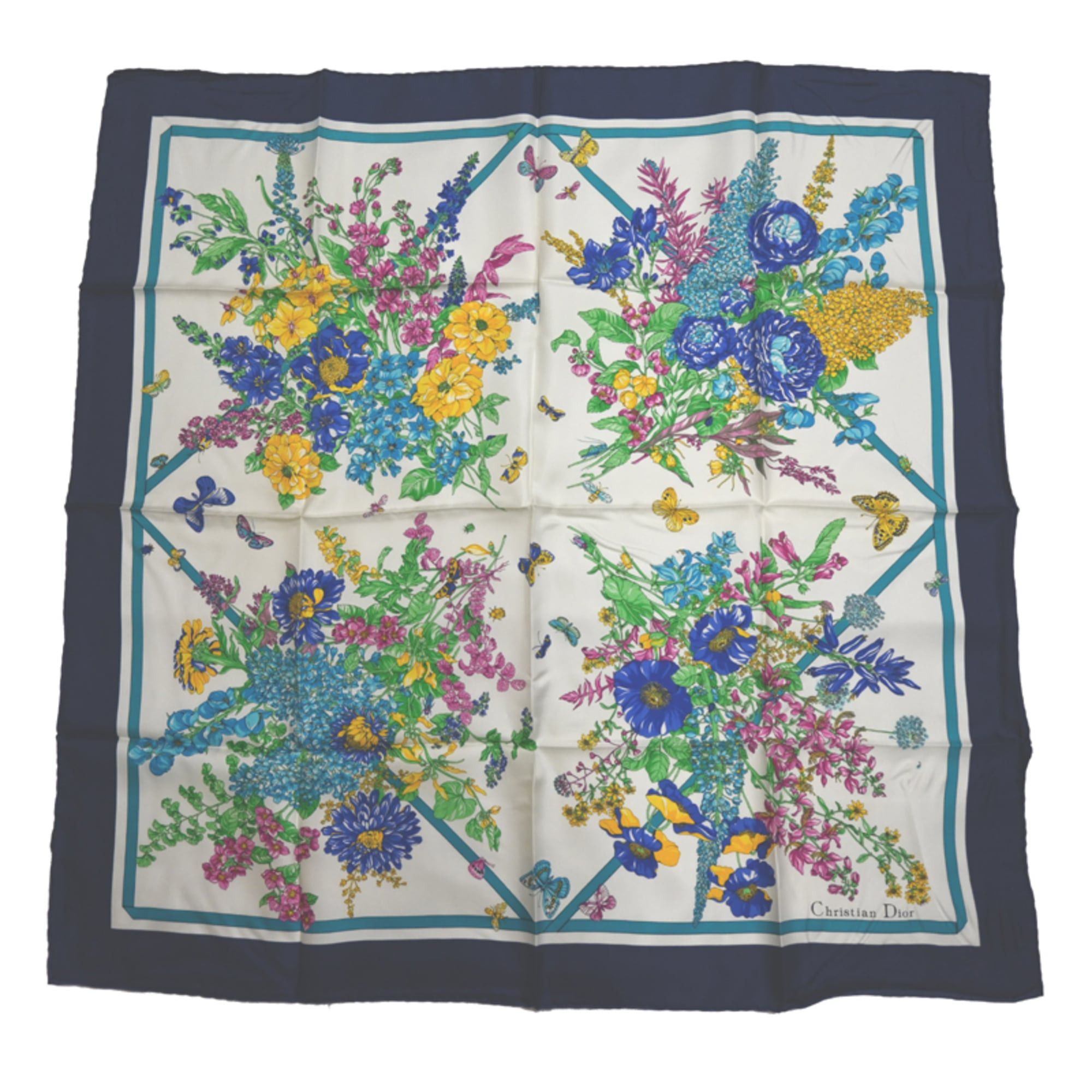 Dior Christian Dior White and Navy Floral Print Silk Scarf/Muffler for Women, Size ONE SIZE - 1 Thumbnail