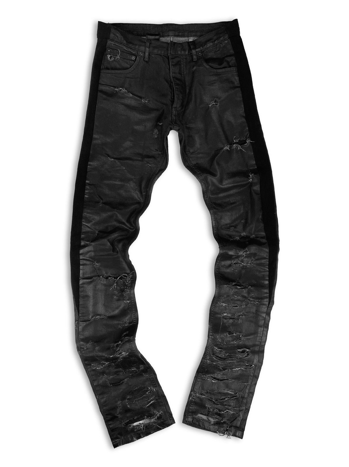 image of Ss04 Dior By Hedi Slimane Strip Distressed Wax Skinny Denim in Black, Men's (Size 30)