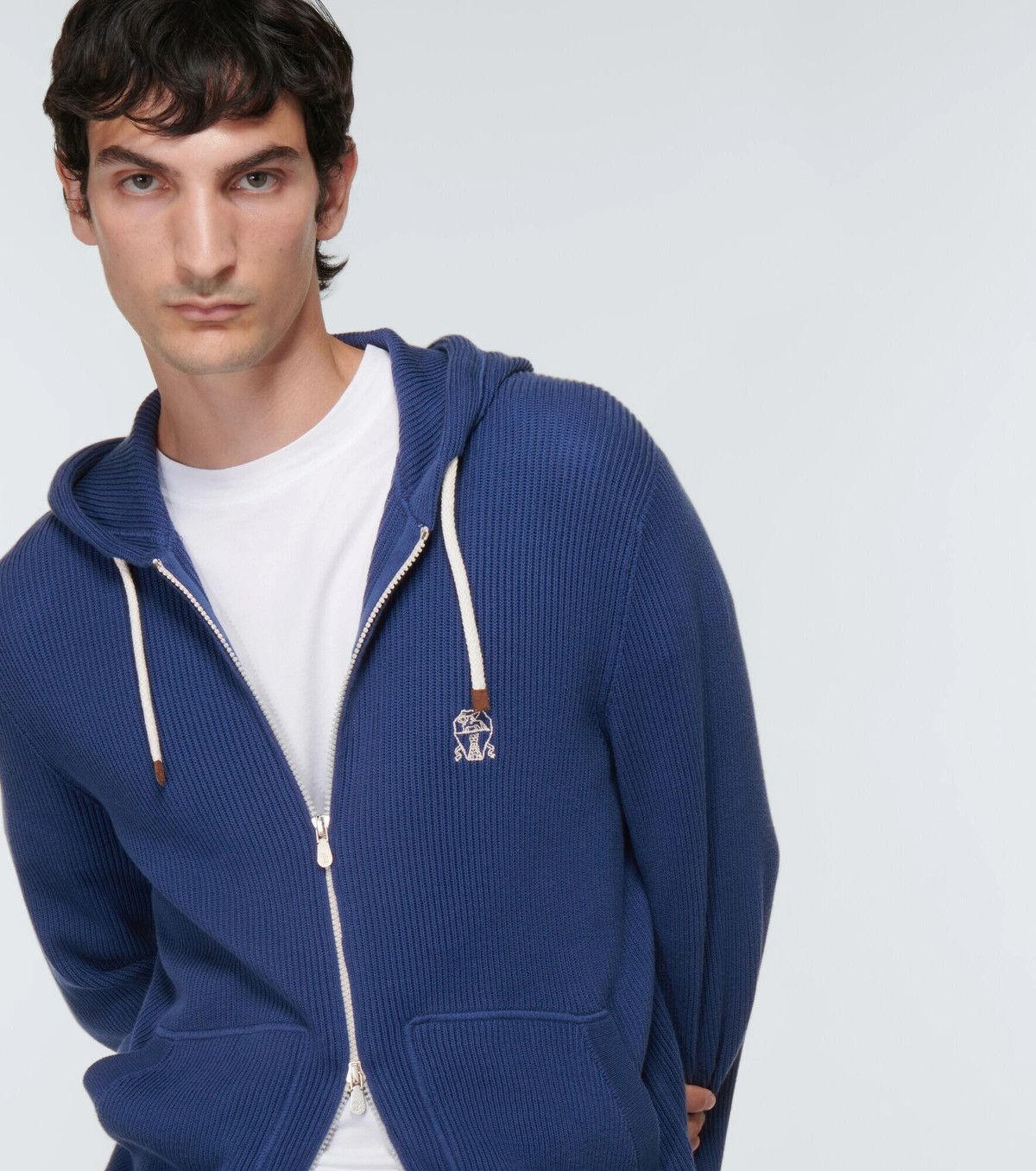Brunello Cucinelli o1w1db10326 Ribbed Knit Cotton Hoodie in Blue Size US L / EU 52-54 / 3 - 5 Thumbnail