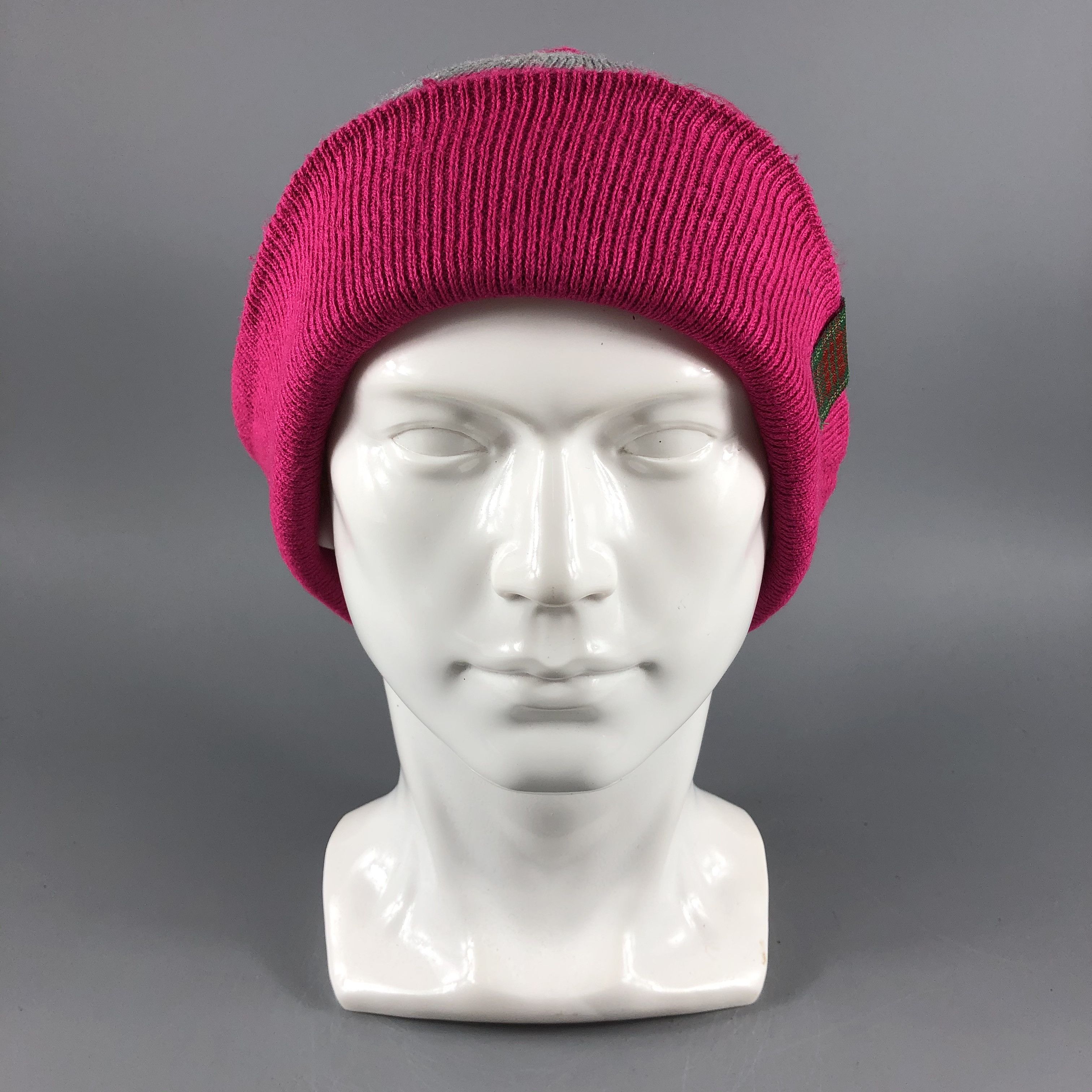 image of Vintage Pink Gray Stripe Knit Beanie Snow Hat Snow Cap B113, Men's