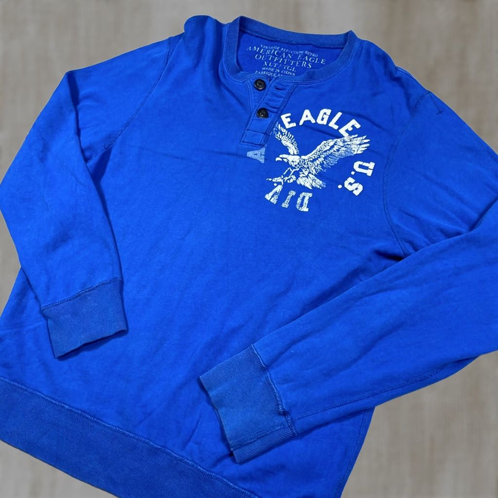 American Eagle Outfitters VINTAGE American Eagle Outfitters Sweatshirt Shirt Mens XL Blue Henley Crewneck 2000s Bird Logo Embroidered Hooded Sweatshirt Size US XL / EU 56 / 4 - 1 Thumbnail