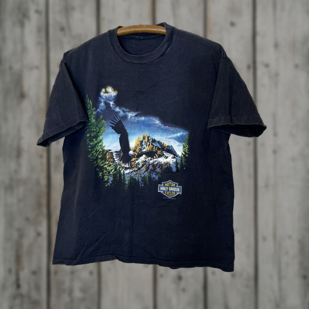 VINTAGE Harley Davidson T-Shirt Eagle Earth Black L Men Mens 80s Nature Kyle?