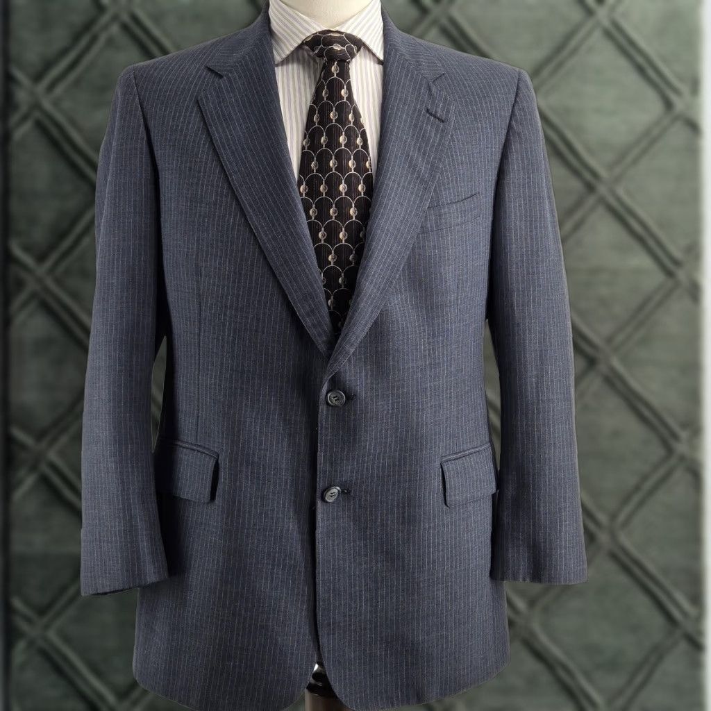 Vintage Cricketeer Mens 2 Piece Suit Jacket Blue Striped Wool 42R Regular Notch Lapel Two-Button Front Single-Breasted Formal Business Size 42R - 1 Thumbnail