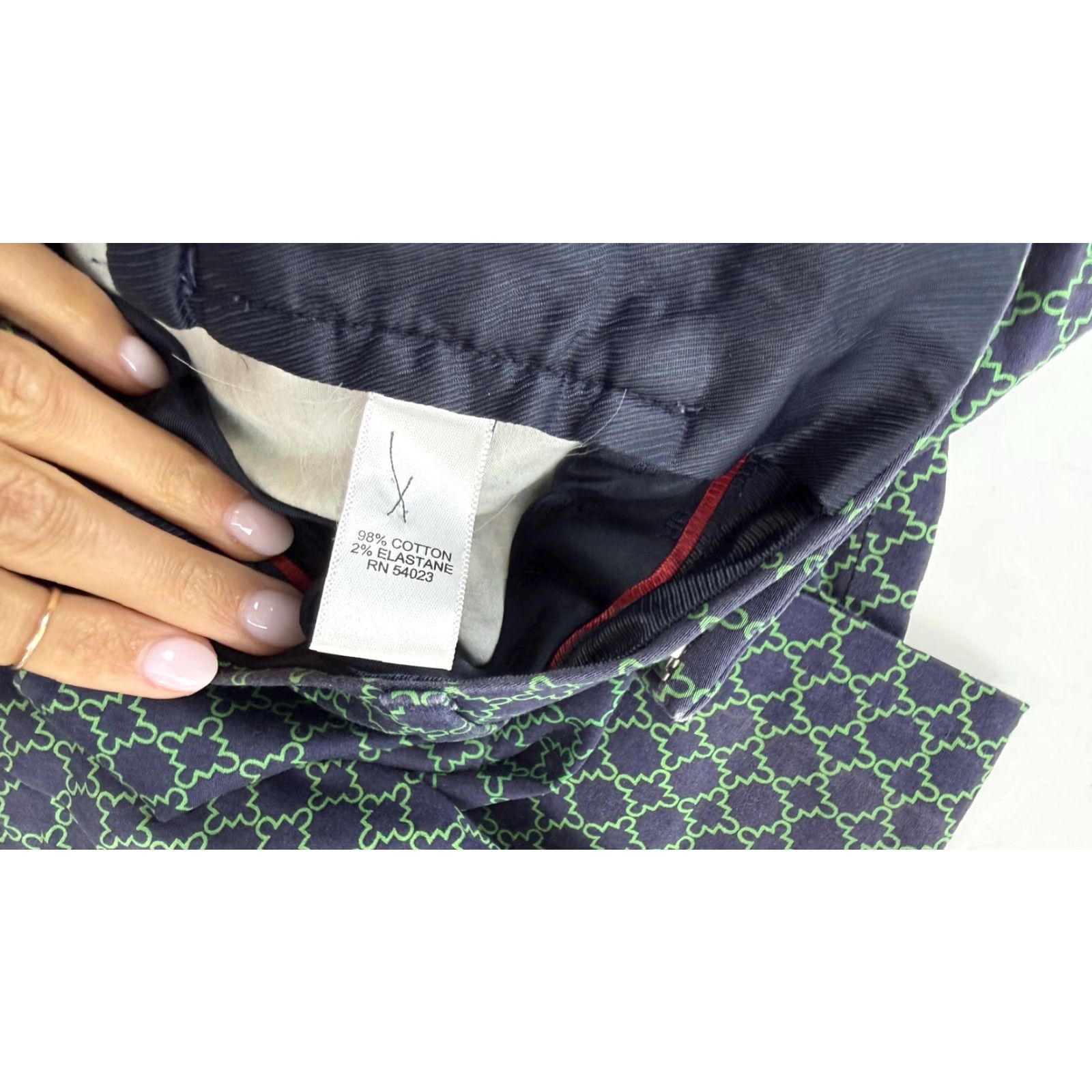 Banana Republic Banana Republic Pants Women 00P Petite Geometric Print Navy Green Cotton Spandex Straight Leg, Zipper Fly, Pockets, Stretch, Petite Womens 00P Size 24" / US 00 / IT 34 - 3 Thumbnail