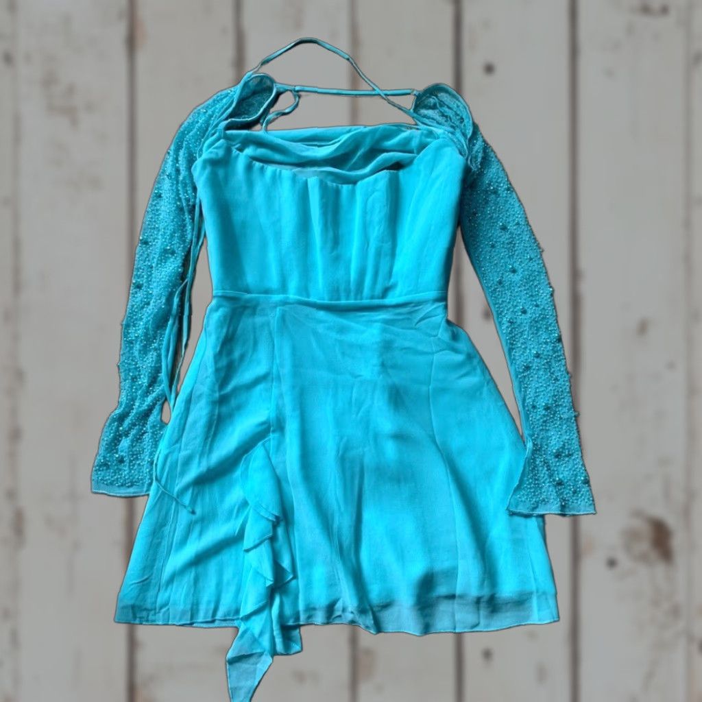 Oh Polly Florence long sleeve cowl neck A-line mini dress Aqua 4 Blue Women  Dress NWT Mini 4 Aqua - www.jkreigsman.com