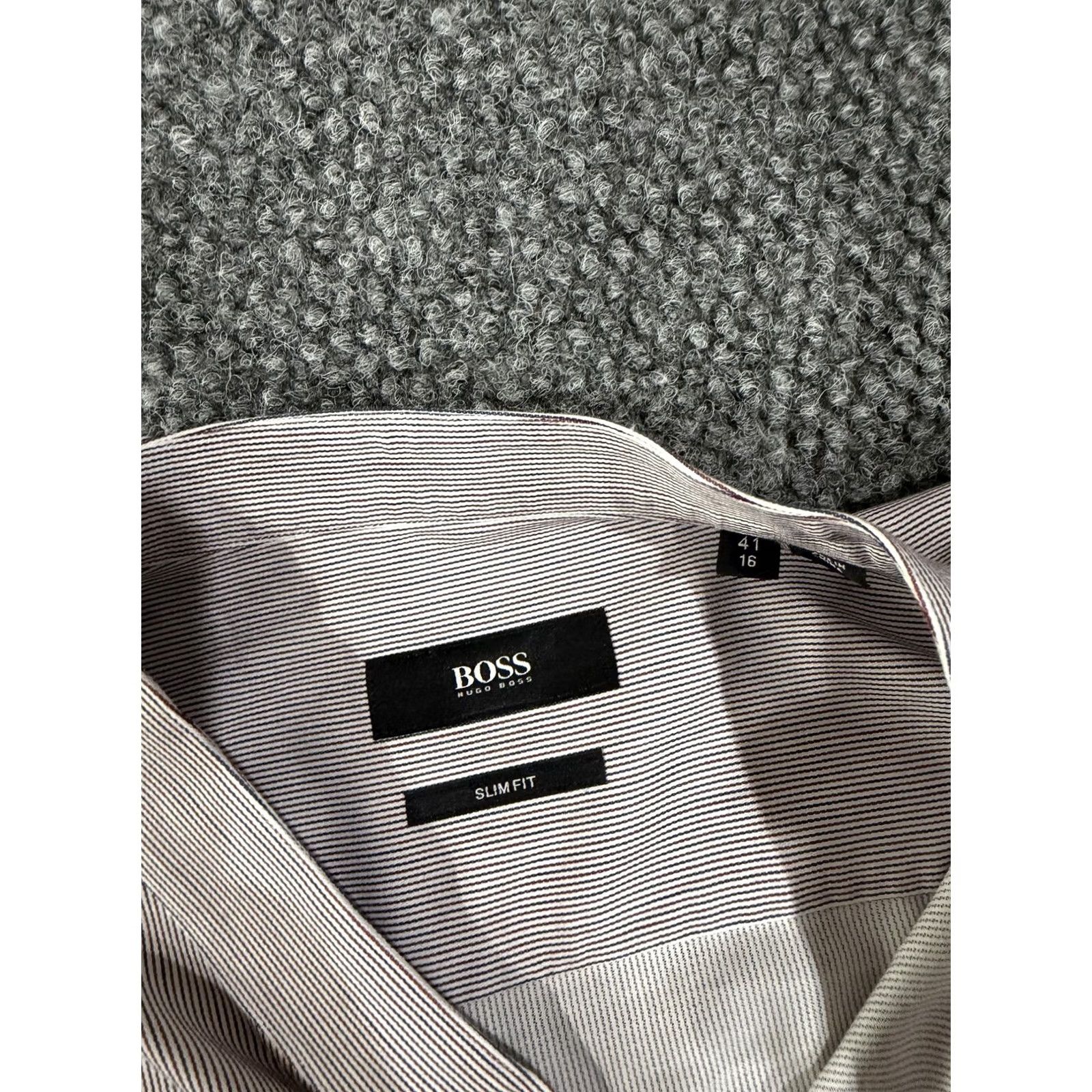 Hugo Boss HUGO BOSS Shirt Mens 16 Gray Pinstripe Slim Fit Band Collar Dress Long Sleeve Mens 16 Slim Fit Pinstripe Gray Band Collar Dress Shirt Size 42R - 6 Thumbnail