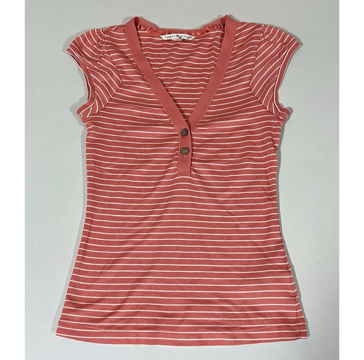 Tommy Hilfiger Tommy Hilfiger Pink White Striped Henley Shirt Top Size S 🌸✨ Size S / US 4 / IT 40 - 1 Thumbnail