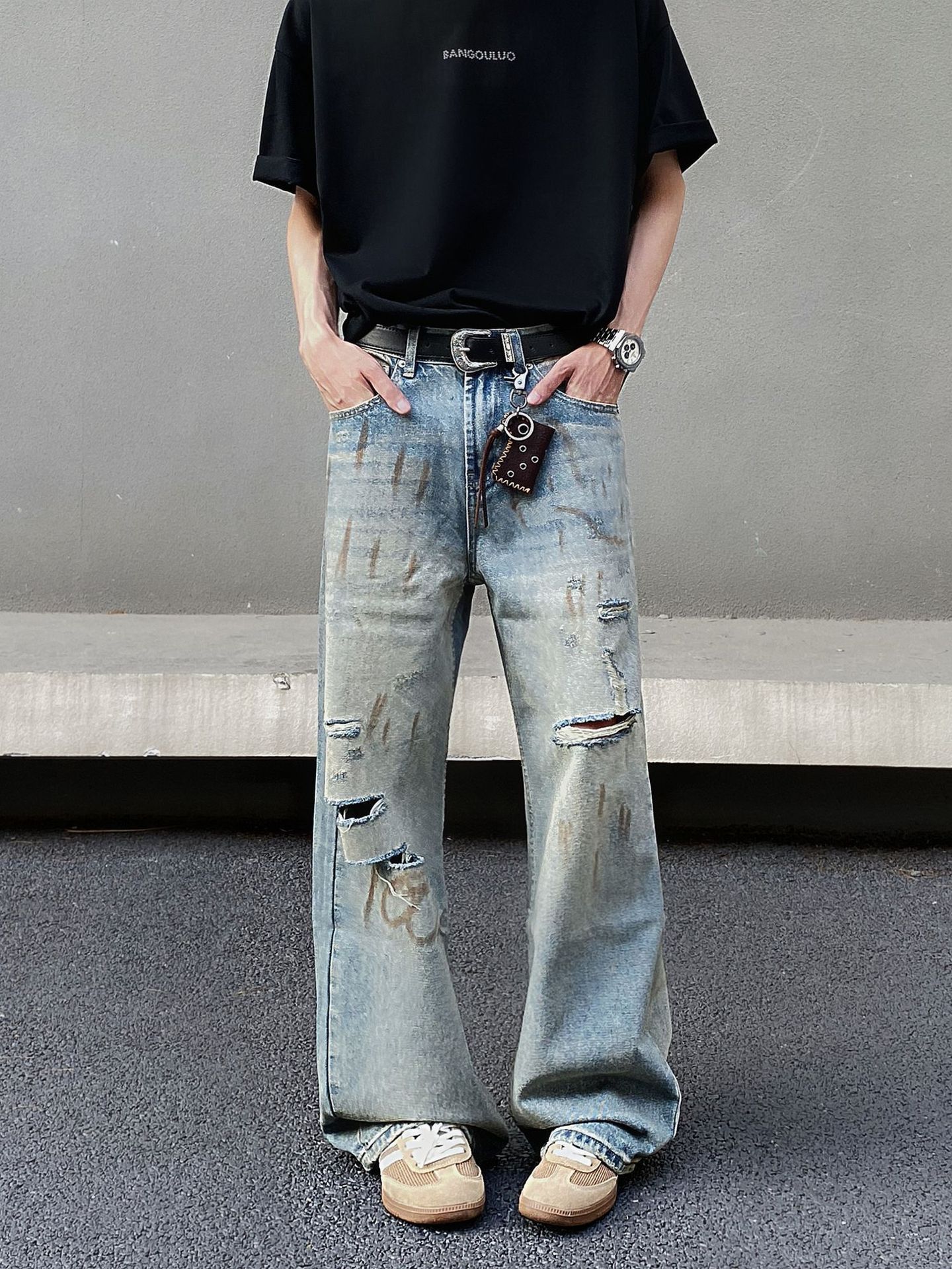 Japanese Brand Men's straight vintage dirty-dyed graffiti ripped jeans Size US 32 / EU 48 - 4 Thumbnail