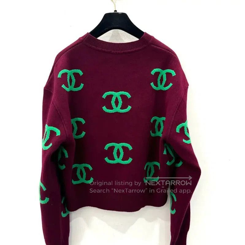 Chanel Chanel Green Logo Sweater in Burgundy . Size M / US 6-8 / IT 42-44 - 3 Thumbnail