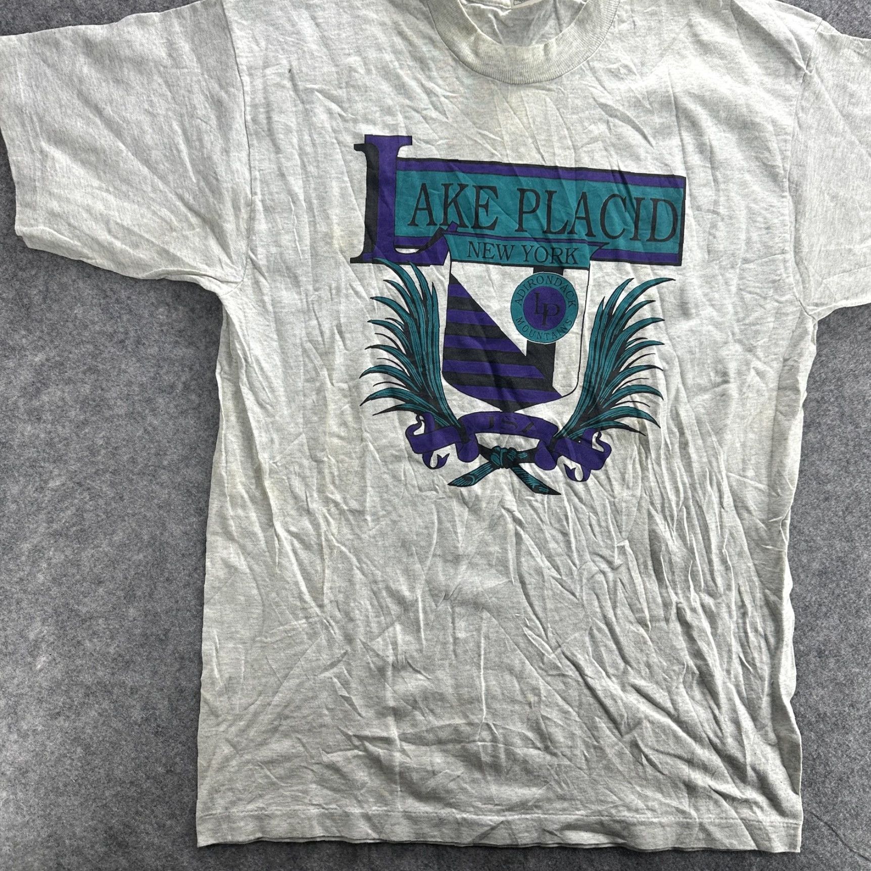 Fruit Of The Loom VINTAGE Lake Placid T-Shirt Men Large Gray Adirondack Mountains Crest 90s USA Travel Outdoor Cotton Size US L / EU 52-54 / 3 - 3 Thumbnail