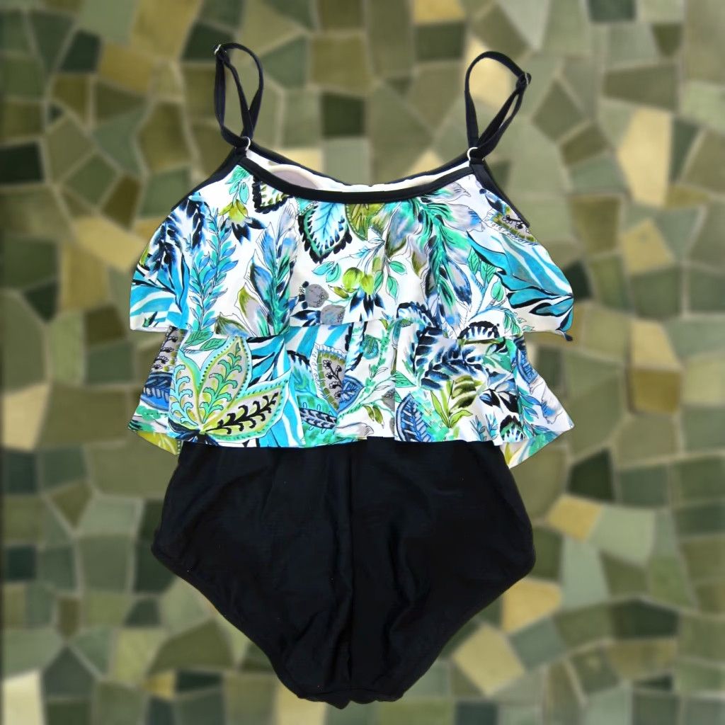 Vintage Maxine Of Hollywood Black Green White Floral Ruffle Built In Bra Swimsuit 6 Size ONE SIZE - 1 Thumbnail