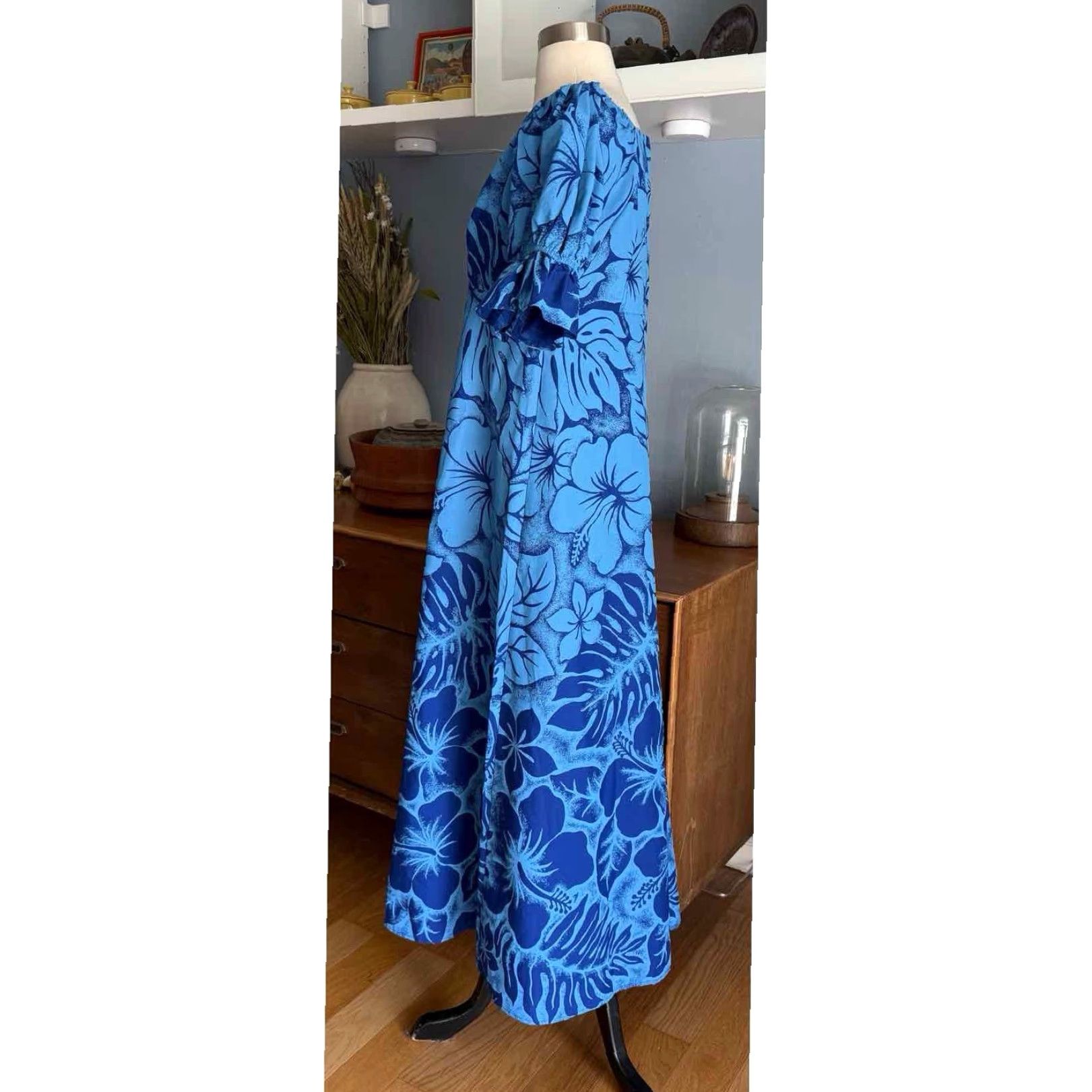 Vintage Smart Design Made In Hawaii Hawaiian Dress Puff Sleeves Floral Tiki Aloha M Blue Maxi Dress Women Casual Short Sleeve Size M / US 6-8 / IT 42-44 - 4 Thumbnail