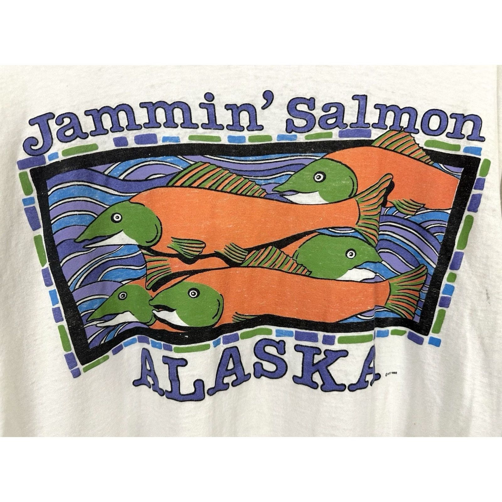 TEE JAYS VTG 80S Jammin Salmon Alaska Paper Thin Burnout Worn Art T-Shirt XL Men White Tee Jays Shirt Womens Mens Size US XL / EU 56 / 4 - 4 Thumbnail