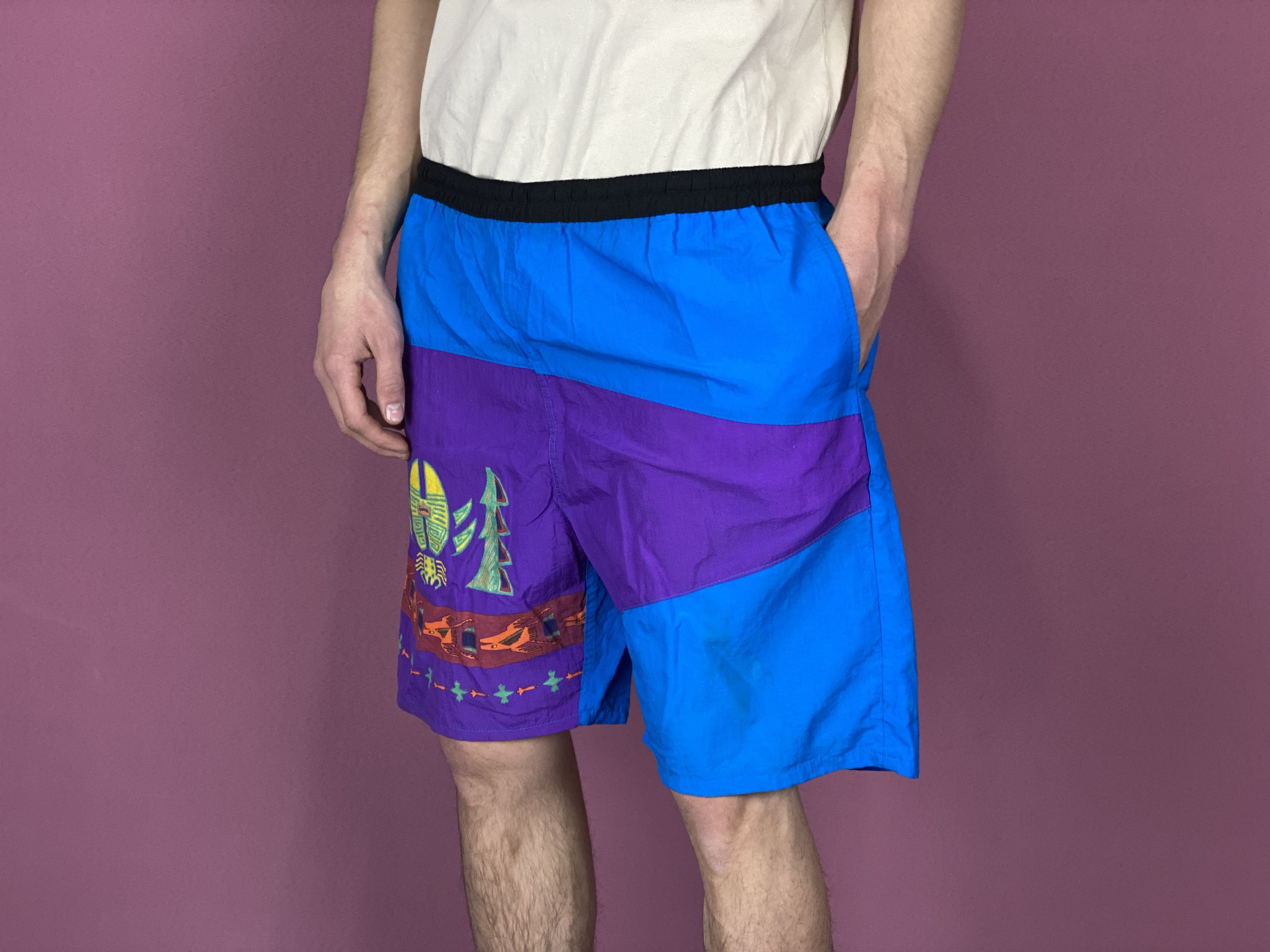 Vintage 90s Vintage Men's Board Shorts - M Blue & Purple Nylon Size US 32 / EU 48 - 2 Thumbnail