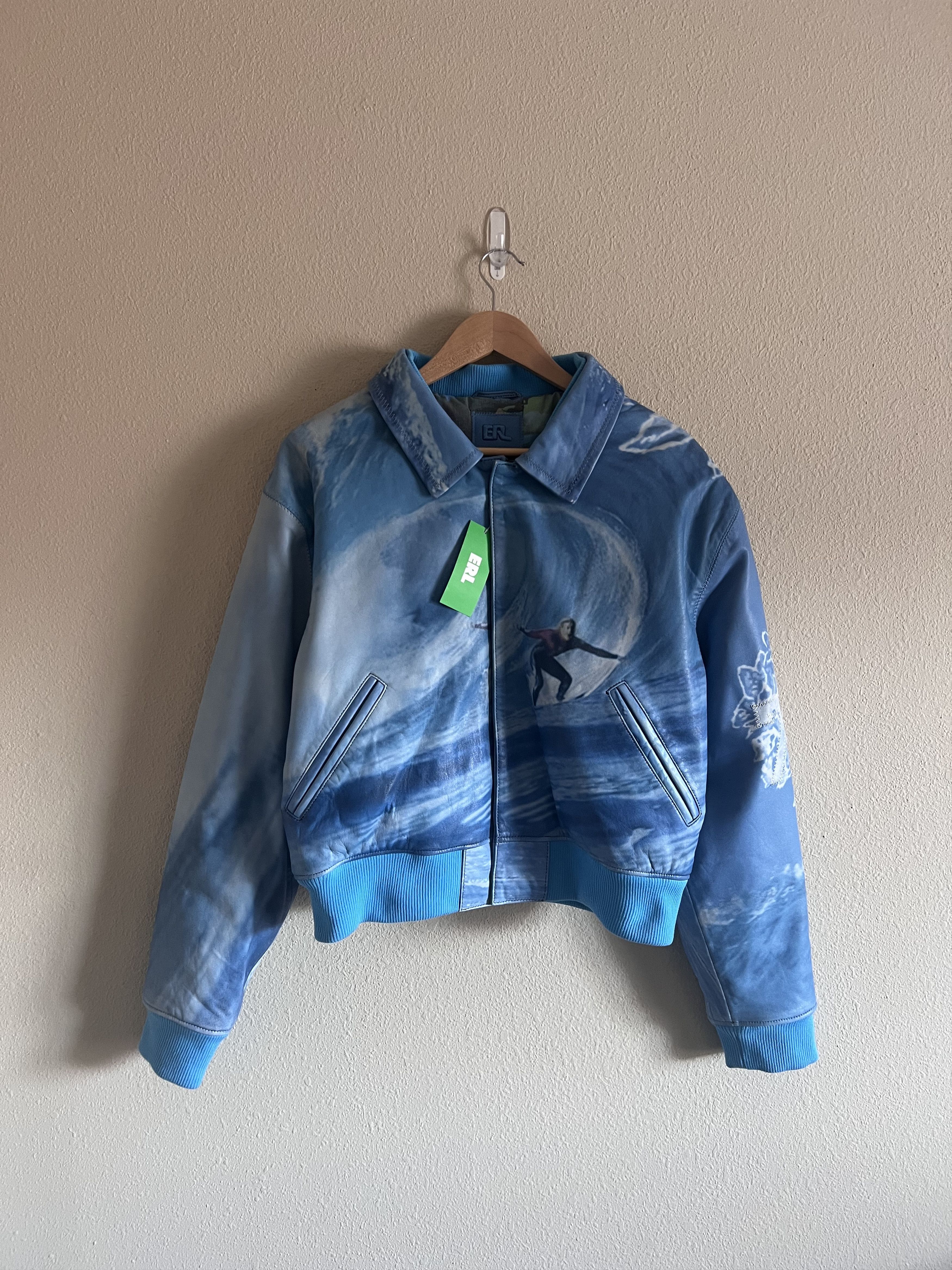 image of Erl Surfer Leather Bomber Jacket in Blue, Men's (Size Medium)