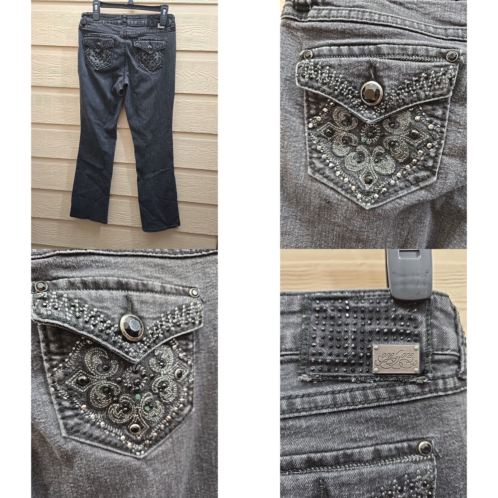 Denime One 5 One Jeans Women's Size 6 Black Denim Stretch Embellished Tapered Distress Pockets Back Plus Size 28" / US 6 / IT 42 - 8 Thumbnail