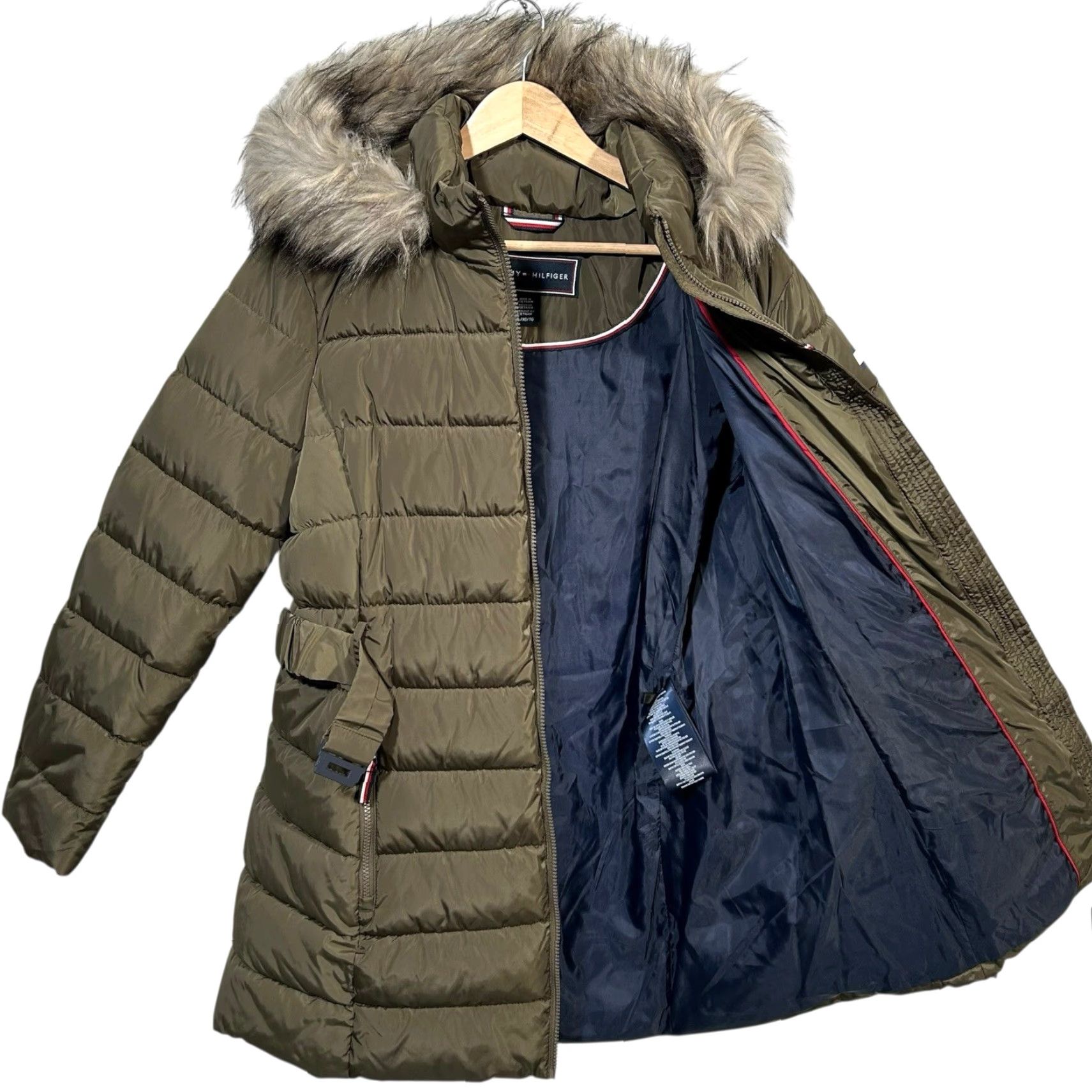 Tommy Hilfiger Tommy Hilfiger Women's Puffer Jacket Hooded Mid-Length XL Olive Green Belted Waist Full Zip Size XL / US 12-14 / IT 48-50 - 4 Thumbnail