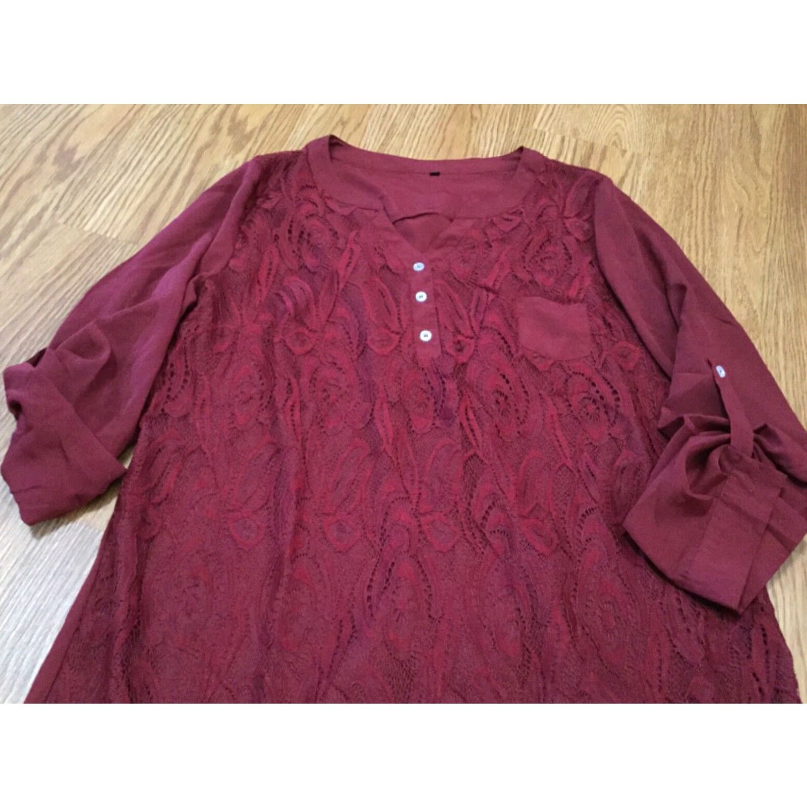 Vintage VINTAGE Plus Size Burgundy Shirt Women 2XL Casual Collared 3/4 Sleeve Lace Front Button Fitted Back Size XXL / US 16-18 / IT 52-54 - 3 Thumbnail