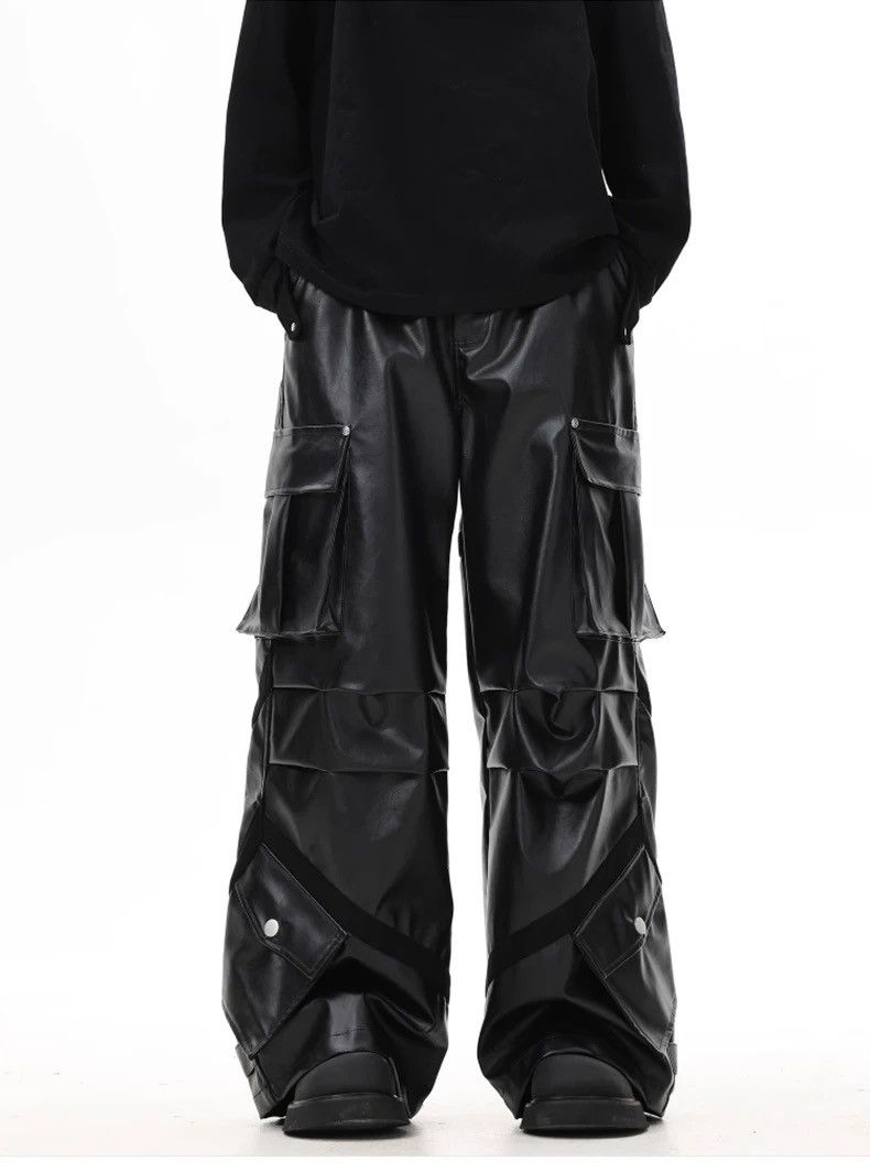 image of Cool Black Baggy Pu Leather Wide Leg Cargo Pants, Men's (Size 30)