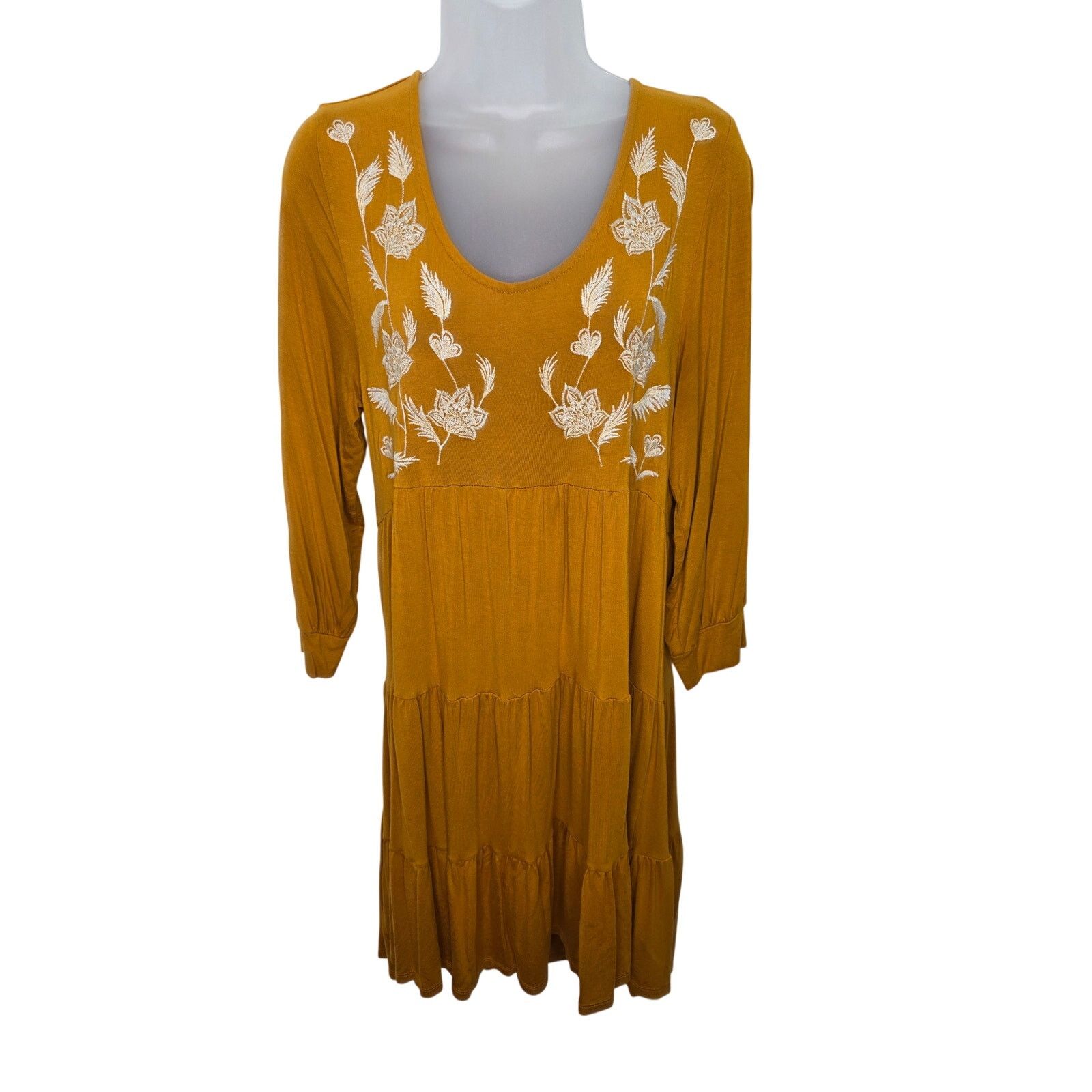 Other Women's Mustard Embroidered Boho Dress Floral Tiered Size M / US 6-8 / IT 42-44 - 1 Thumbnail