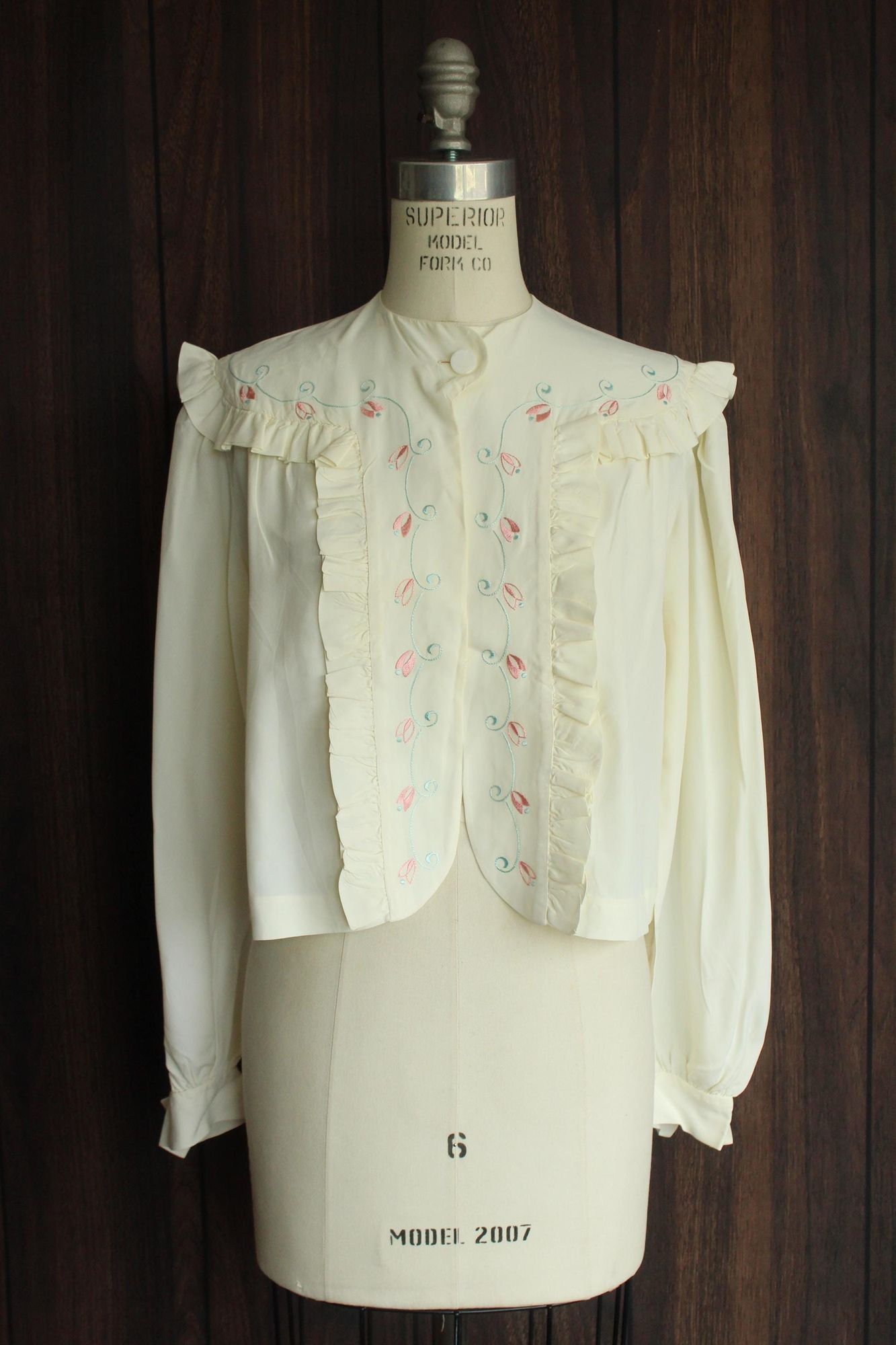 Vintage Vintage 1940s Bed Jacket, Winter White Rayon with Blue and P Size ONE SIZE - 2 Thumbnail
