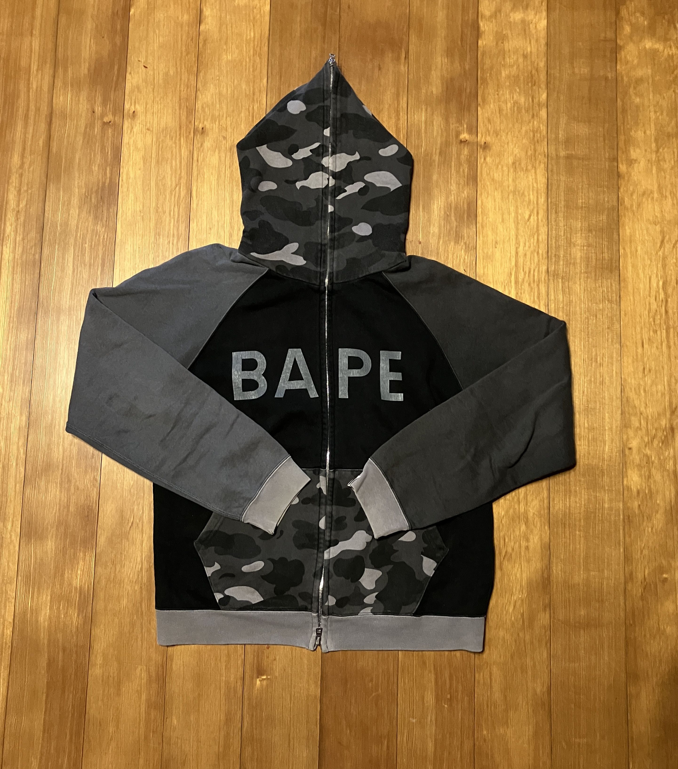 image of Bape Crazy Camo Black Camo Spell Out Full Zip Hoodie, Men's (Size Small)