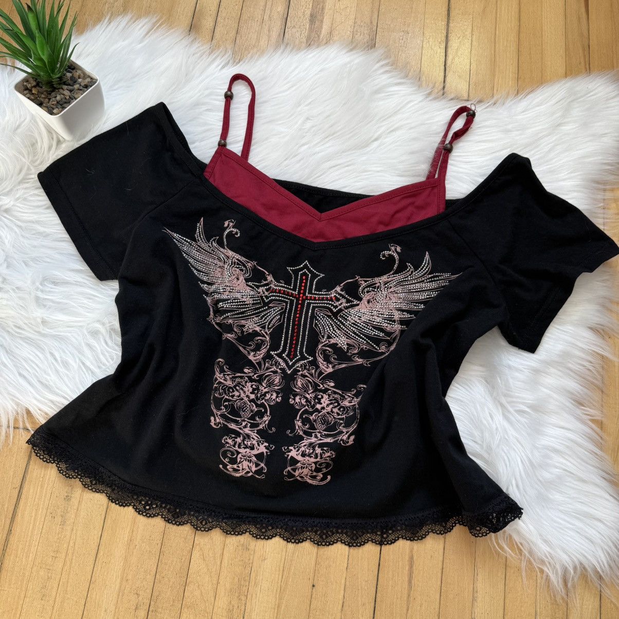 Hysteric Glamour 📌 Amazing Vintage Cross Rhinestones Y2K Gothic Tank Top Size XXL / US 16-18 / IT 52-54 - 2 Thumbnail