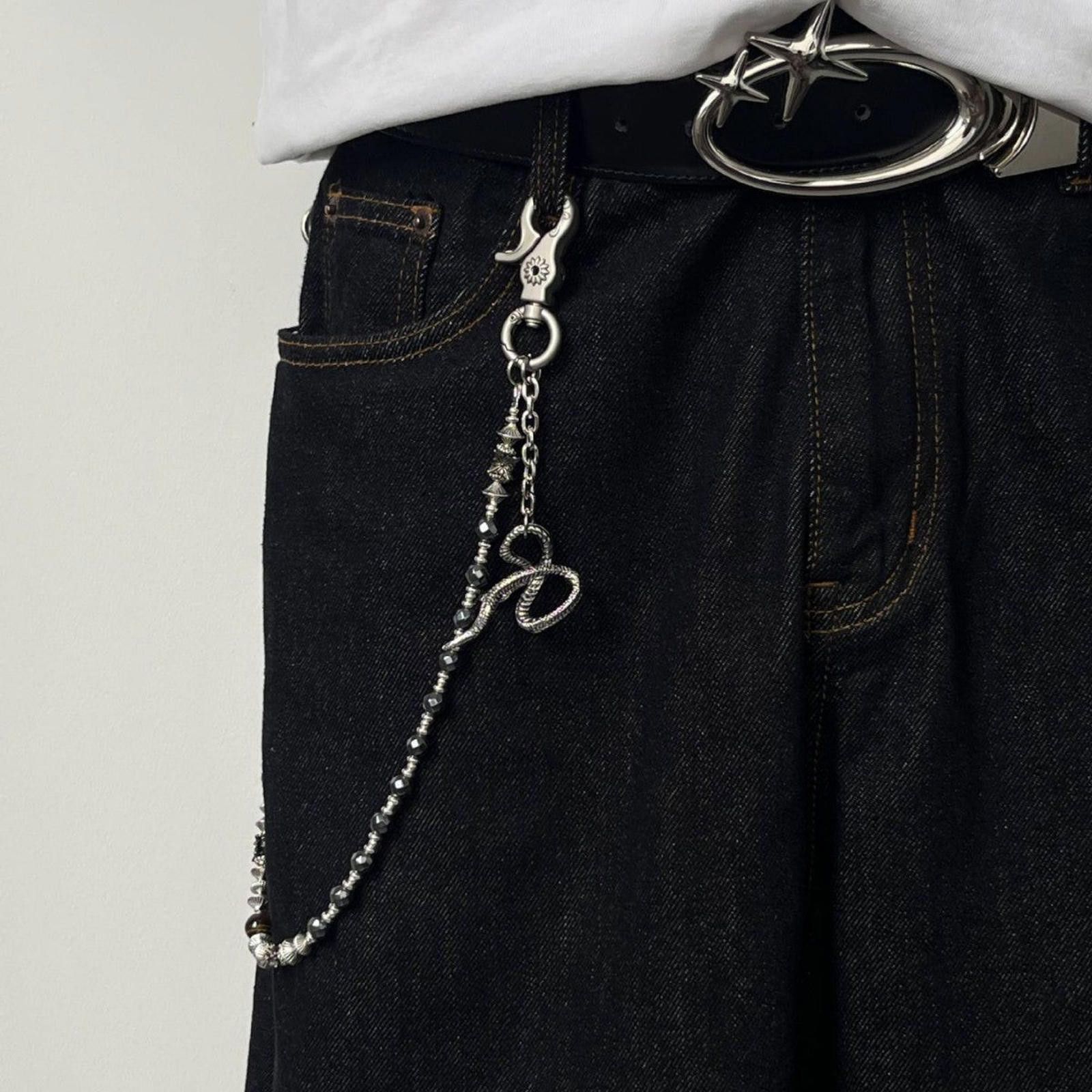 Jewelry Silver Beaded Chain Wallet Accessory with Snake Charm Size ONE SIZE - 1 Thumbnail