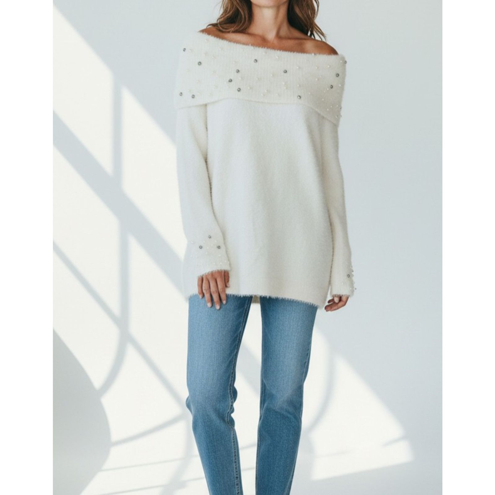 Soft Surroundings SOFT SURROUNDINGS Rhinestones Pearls Cowl Neck Sweater Sz L Size L / US 10 / IT 46 - 1 Thumbnail
