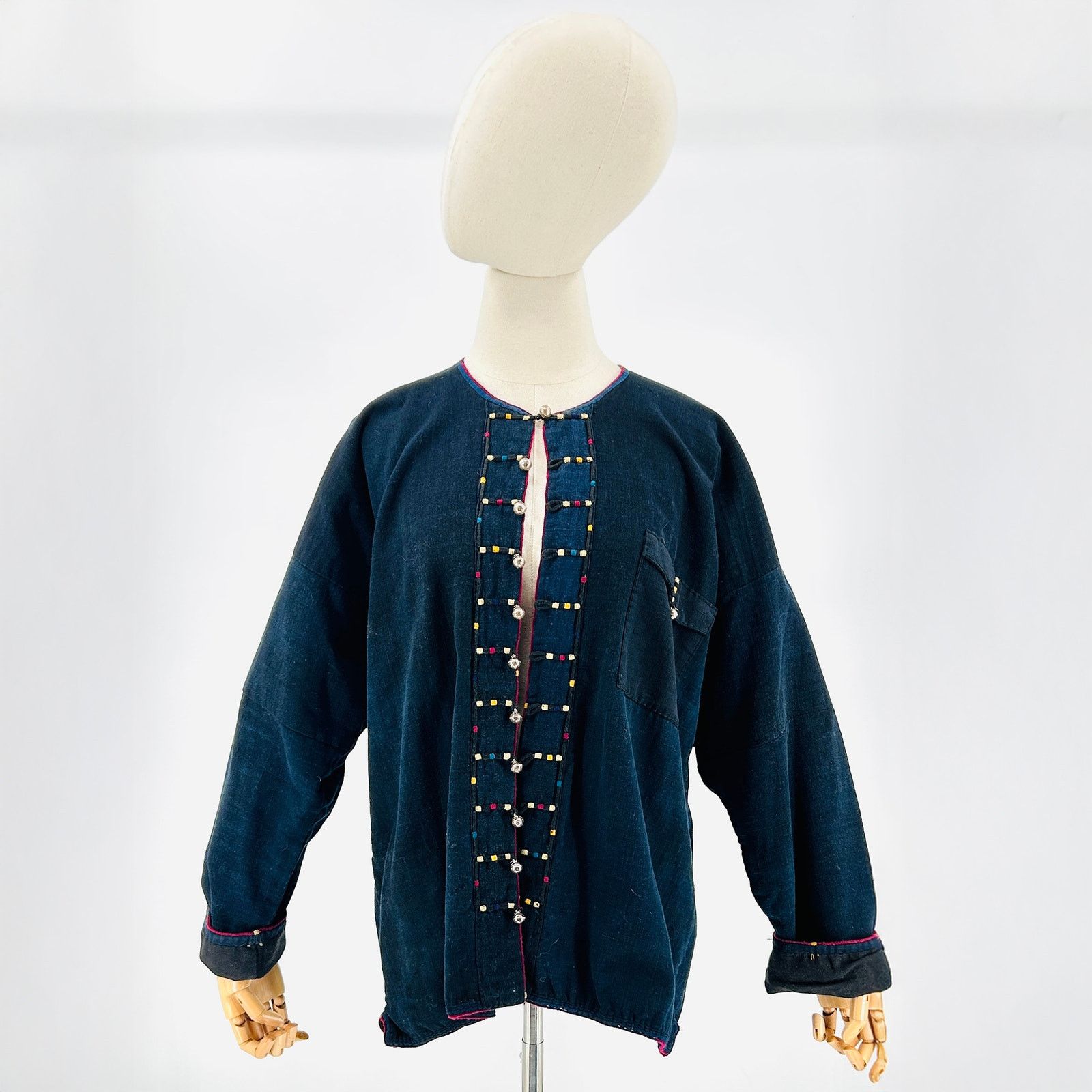 Handmade Vintage 90s Indigo Blue Cotton Silver Toggle Thai Jacket Size L / US 10 / IT 46 - 1 Thumbnail