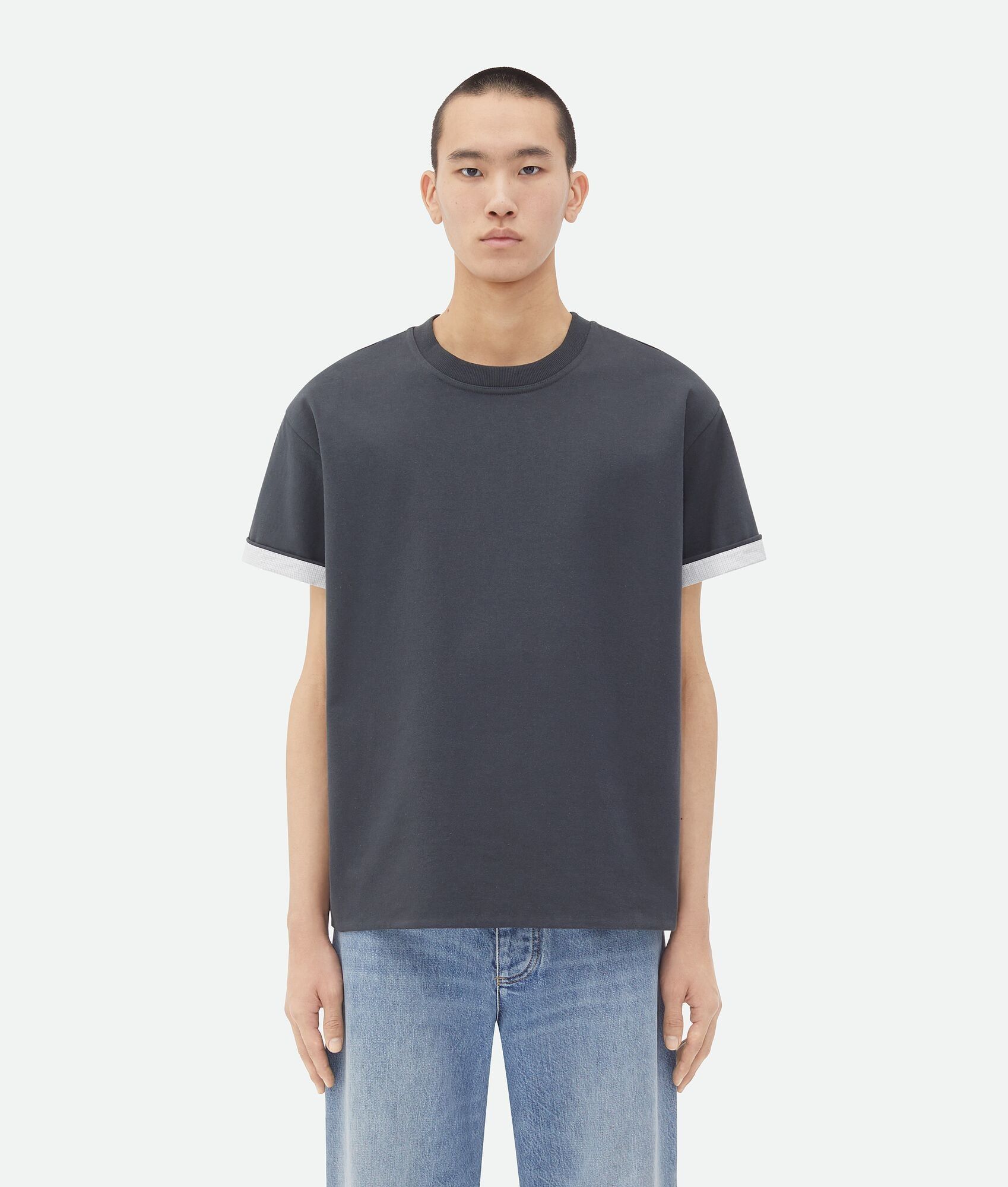 o1w1db10825 Double Layer Cotton Check T-Shirt in Shadow