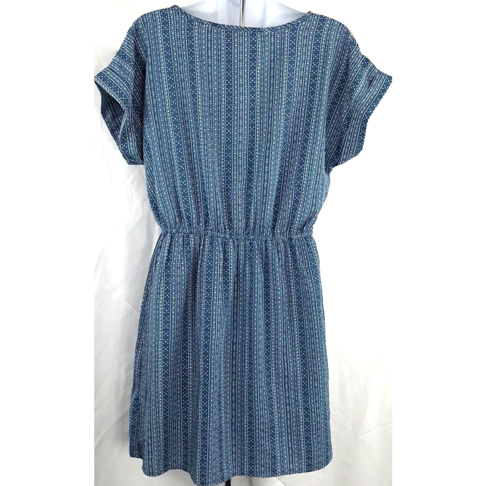 Indulge Flowy Shirt Dress L Blue Geo Drawstring Waist ScoopNeck Cuff  ShortSleeve Shirt Dress L Blue
