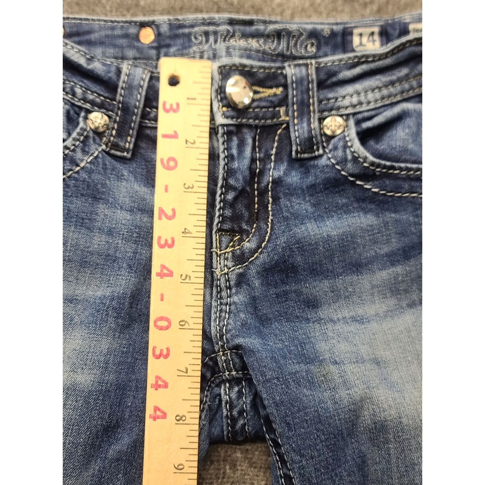 Miss Me Miss Me Jeans Girls 14 Skinny Fit Straight 5-Pocket Denim Low Rise Blue Bedazzled Rhinestone Embroidered Measurements Ready Size 36" / US 14 / IT 50 - 5 Thumbnail