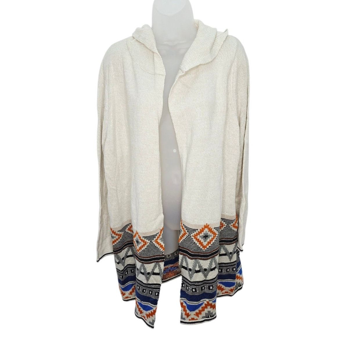 Other Cream Color Aztec Design Open Front Hooded Long Sweater Size XL / US 12-14 / IT 48-50 - 1 Thumbnail