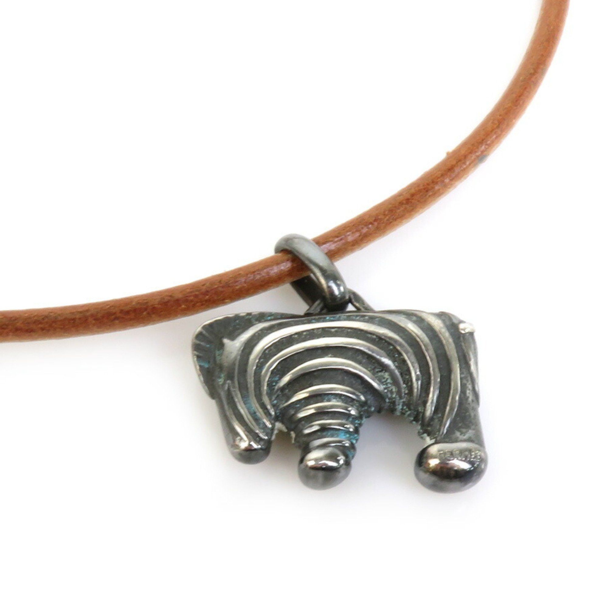 image of Hermes Choker Necklace Zebra Pendant Metal/leather Silver/brown Unisex, Women's