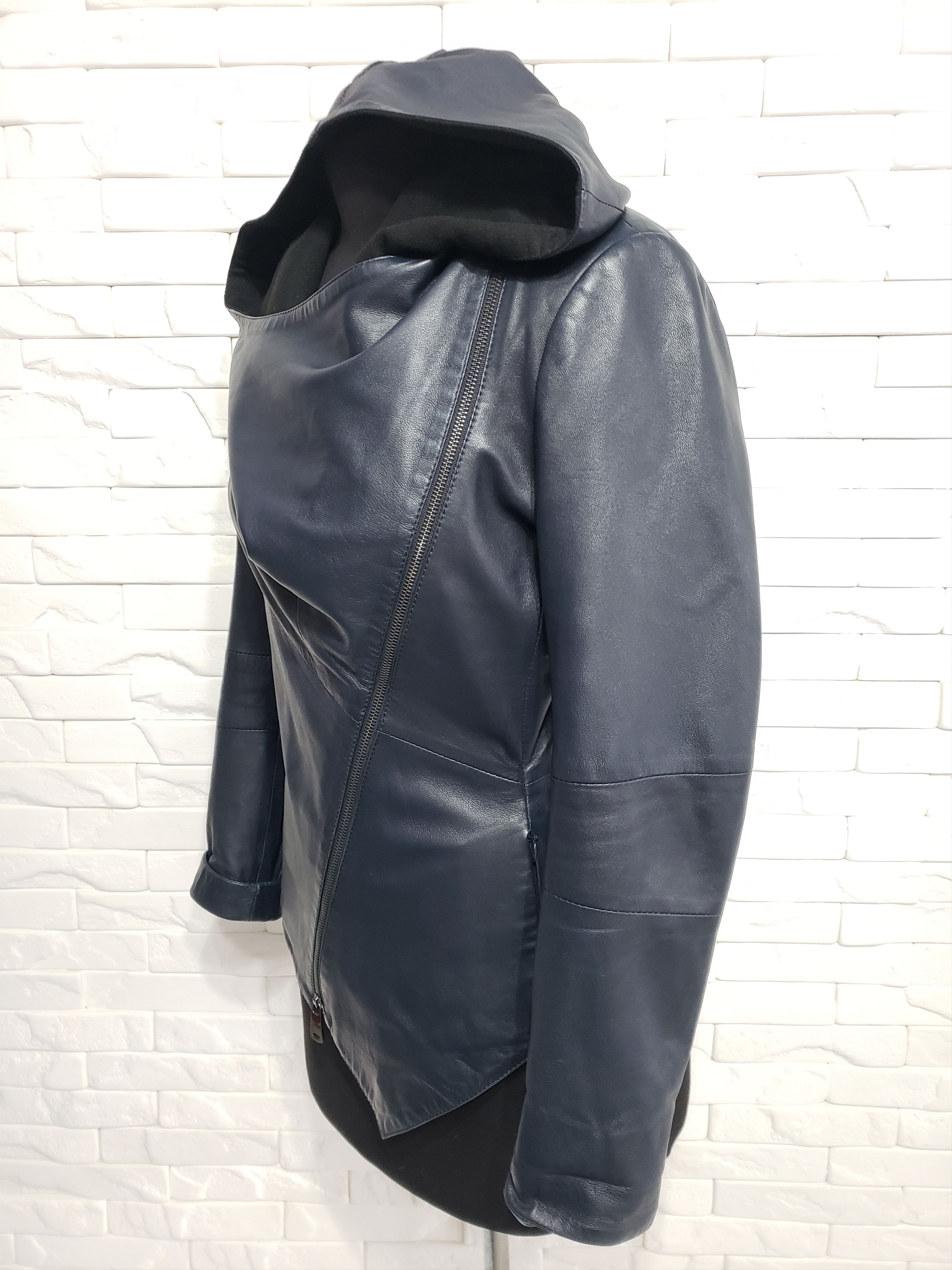 Genuine Leather Stylish blue leather jacket for women with a hood. Size L / US 10 / IT 46 - 2 Thumbnail
