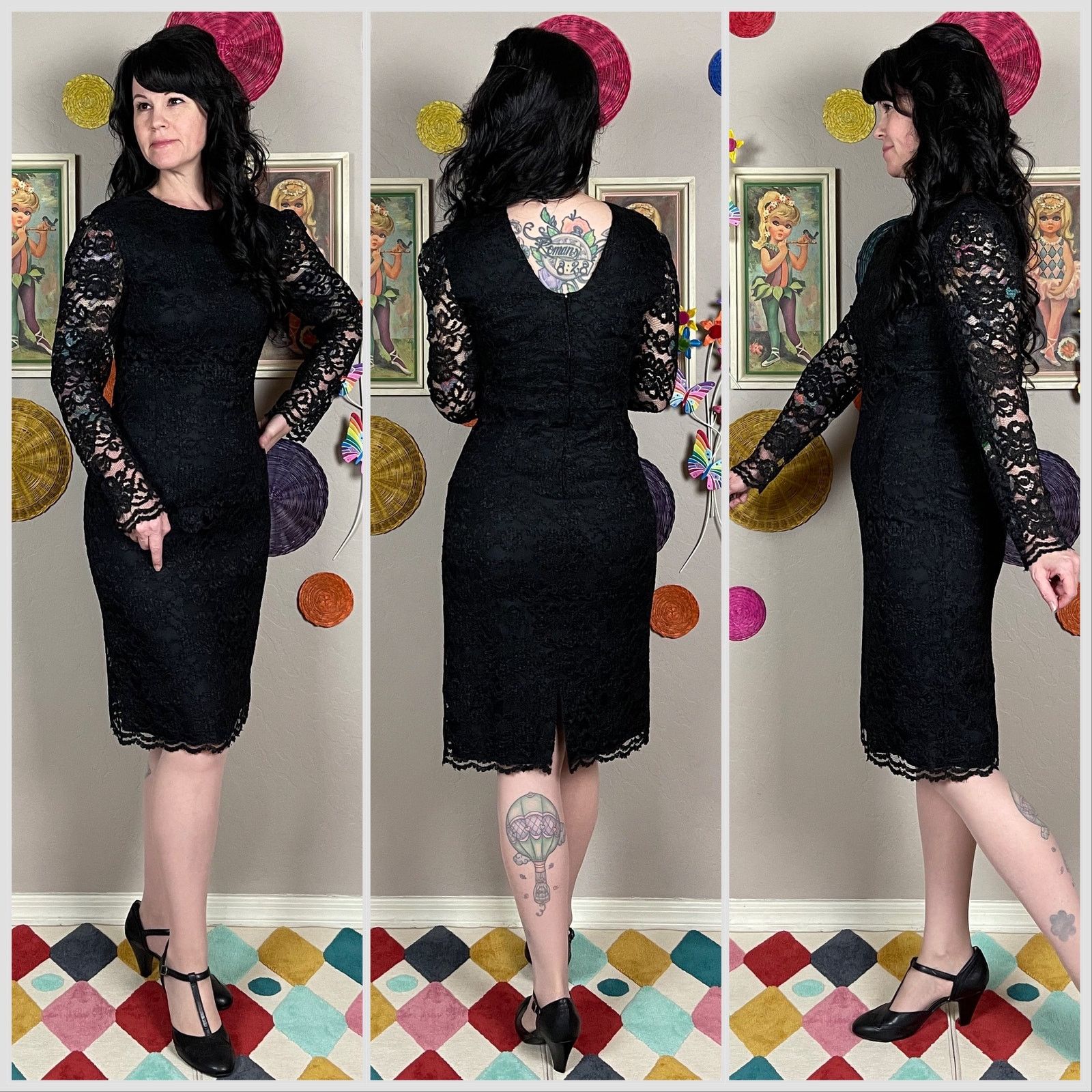 Vintage 1980s Black Lace Illusion Long Sleeve Mini Wiggle Dress Size XS / US 0-2 / IT 36-38 - 2 Thumbnail