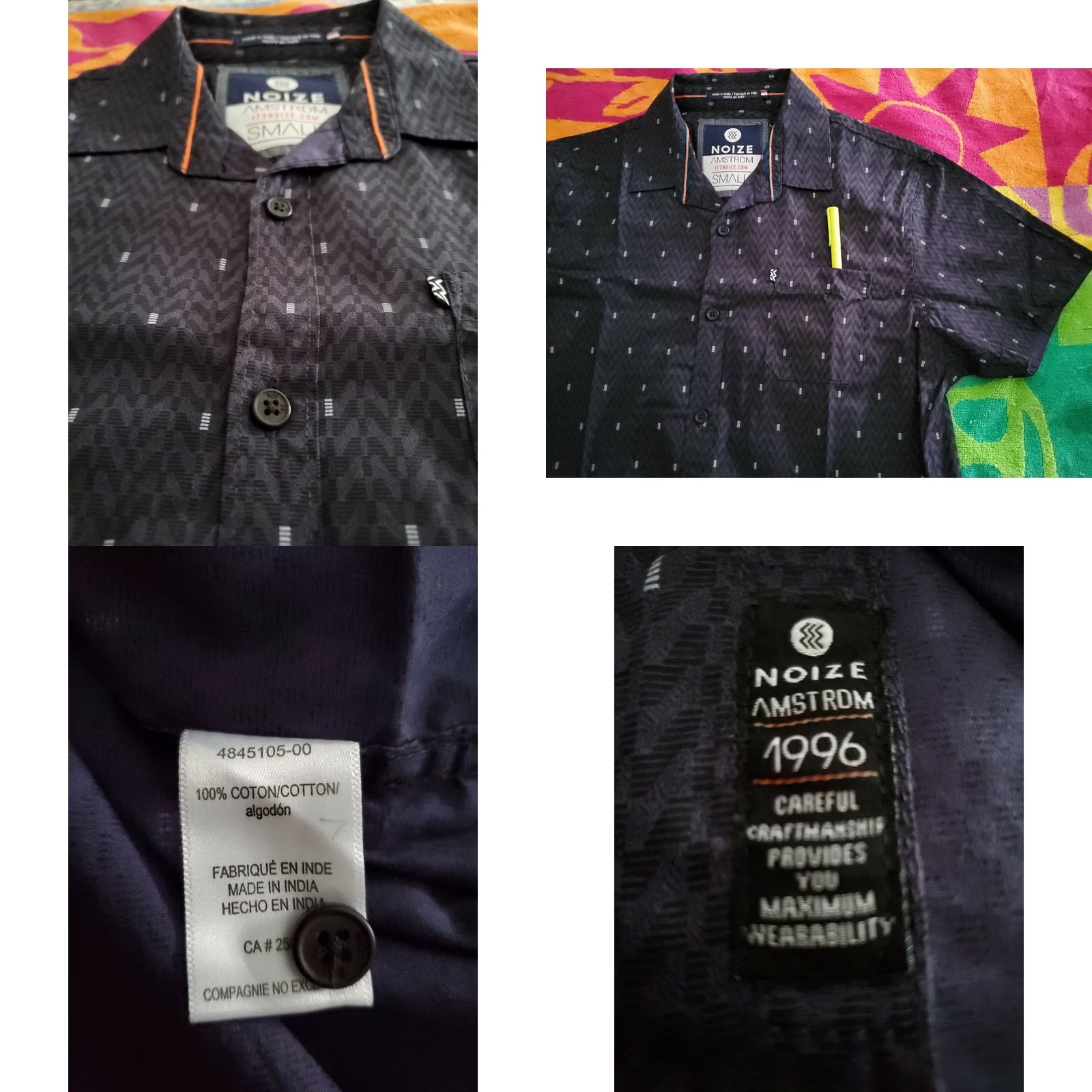 Vintage Noize AMSTRDM Button-Up Shirt Blue Geometric Short Sleeve Men's S Regular Cotton Size US S / EU 44-46 / 1 - 8 Thumbnail