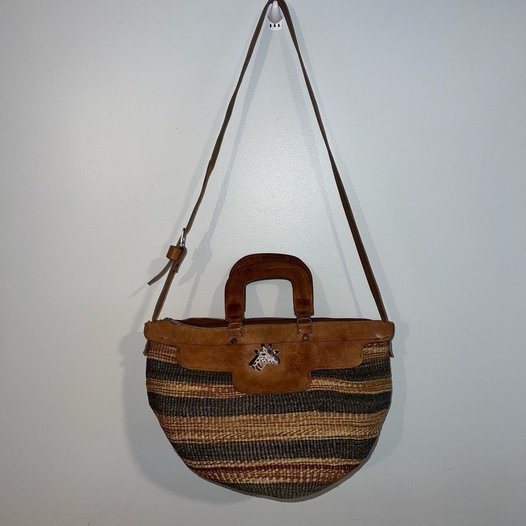 Vintage Vintage African Sisal Market Woven Bag Leather Handles & Str Size ONE SIZE - 3 Thumbnail