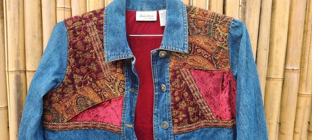 Designer 90s Vintage Denim Jean Jacket with Patchwork Size S / US 4 / IT 40 - 6 Thumbnail