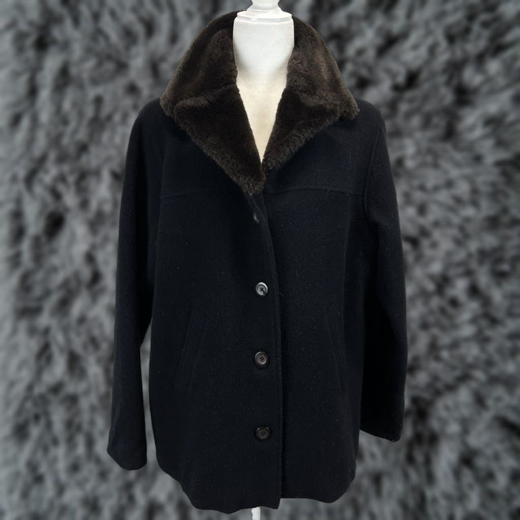 VINTAGE American Eagle Wool Blend Coat Jacket Blue Womens Medium Faux Fur Collar Y2K